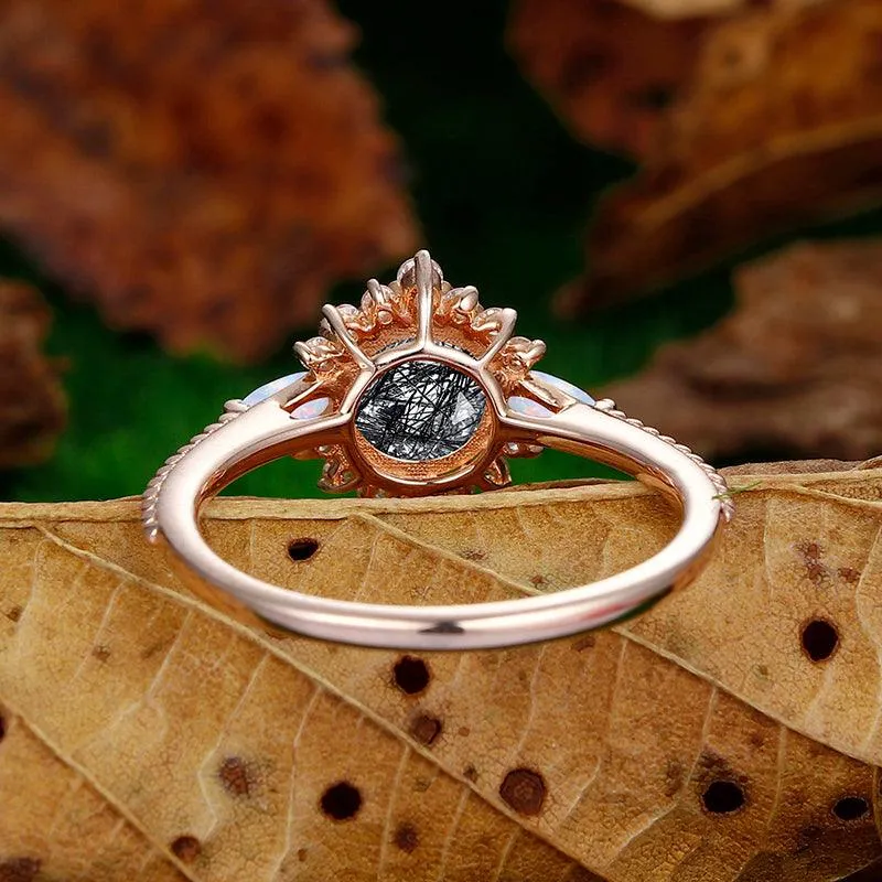 14k Round Shaped Floral Halo Milgrain Design Natural Black Rutilated Quartz Marquise Moonstone diamond Ring