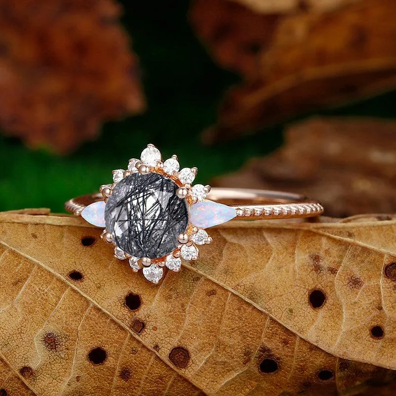 14k Round Shaped Floral Halo Milgrain Design Natural Black Rutilated Quartz Marquise Moonstone diamond Ring