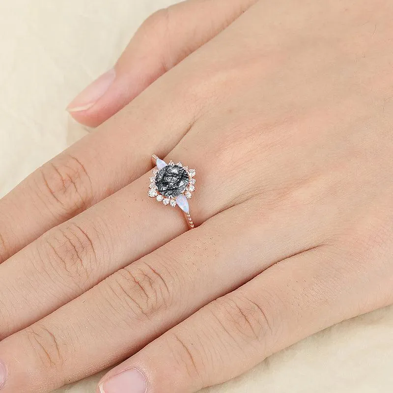 14k Round Shaped Floral Halo Milgrain Design Natural Black Rutilated Quartz Marquise Moonstone diamond Ring