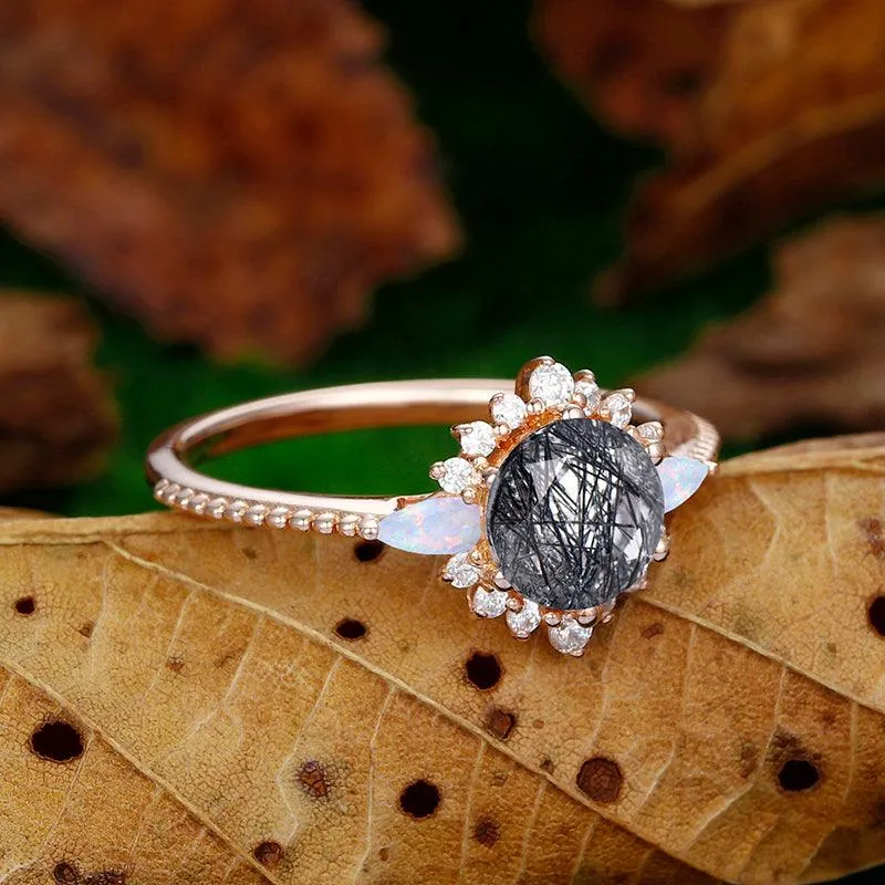 14k Round Shaped Floral Halo Milgrain Design Natural Black Rutilated Quartz Marquise Moonstone diamond Ring