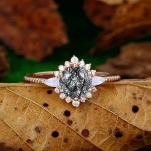 14k Round Shaped Floral Halo Milgrain Design Natural Black Rutilated Quartz Marquise Moonstone diamond Ring
