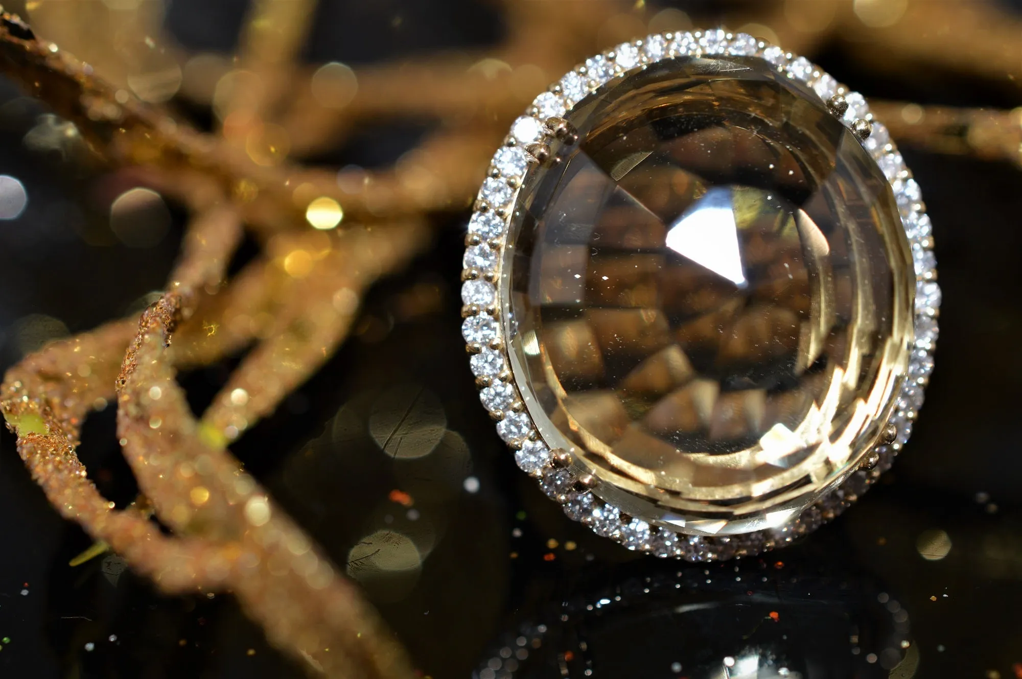 14K Russian Inspired Smoky Quartz and Diamond Ring