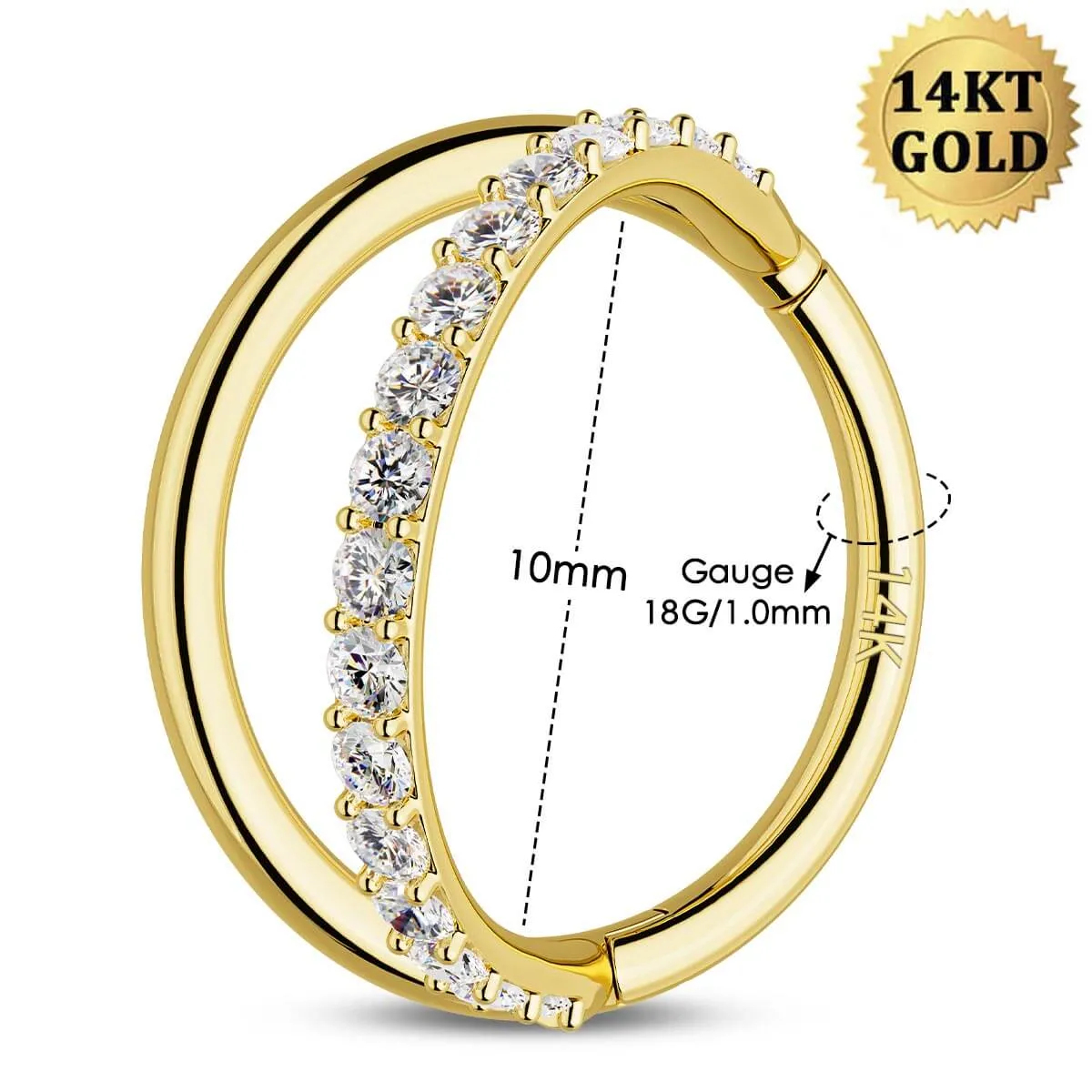 14K Solid Gold 18G Semi Gem Double Hoop Hinged Segment Ring