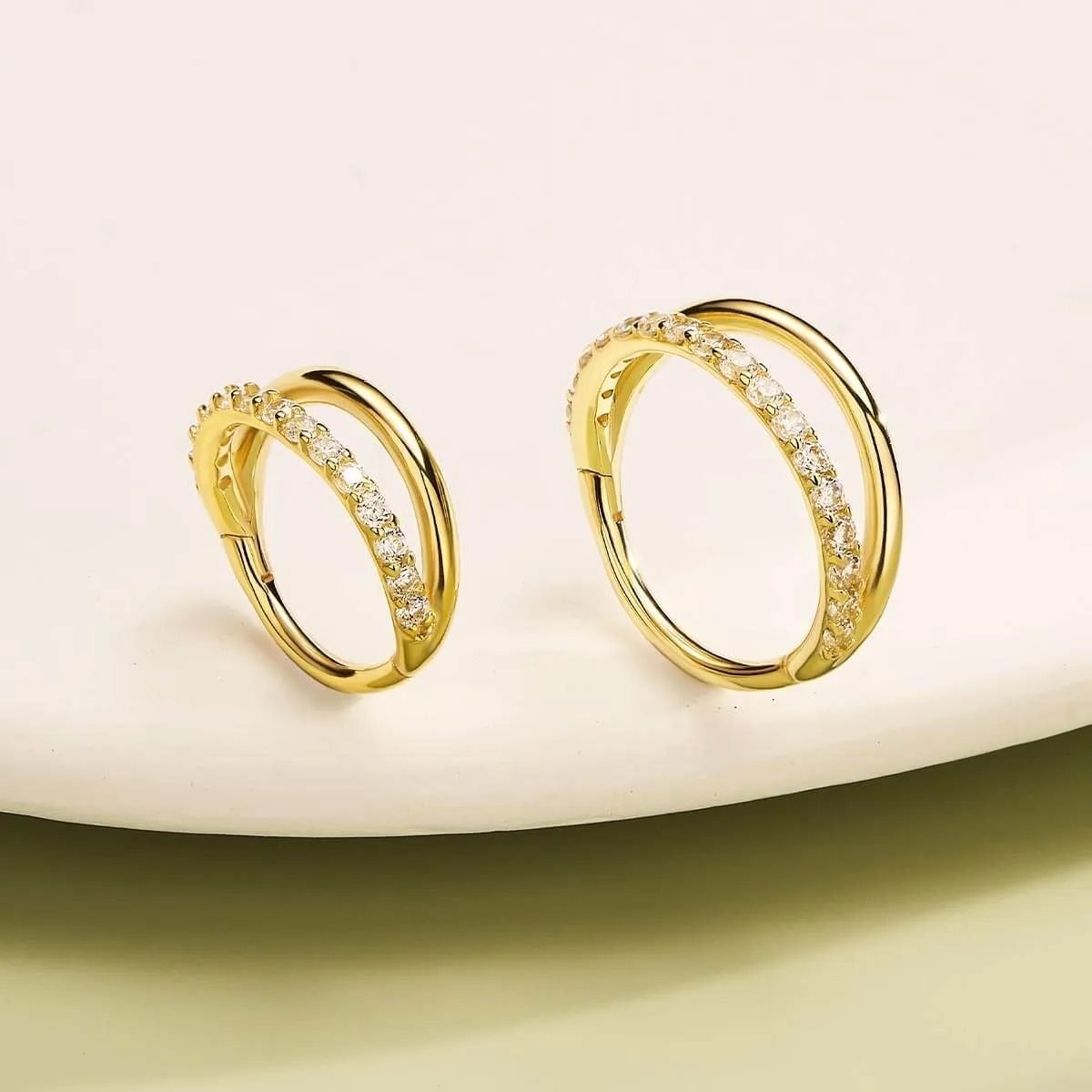 14K Solid Gold 18G Semi Gem Double Hoop Hinged Segment Ring