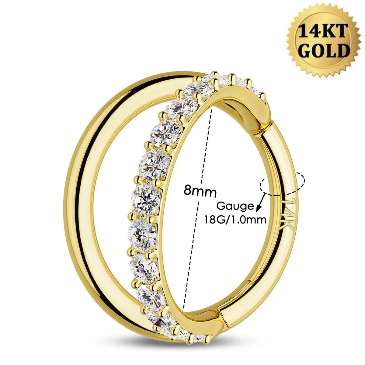 14K Solid Gold 18G Semi Gem Double Hoop Hinged Segment Ring