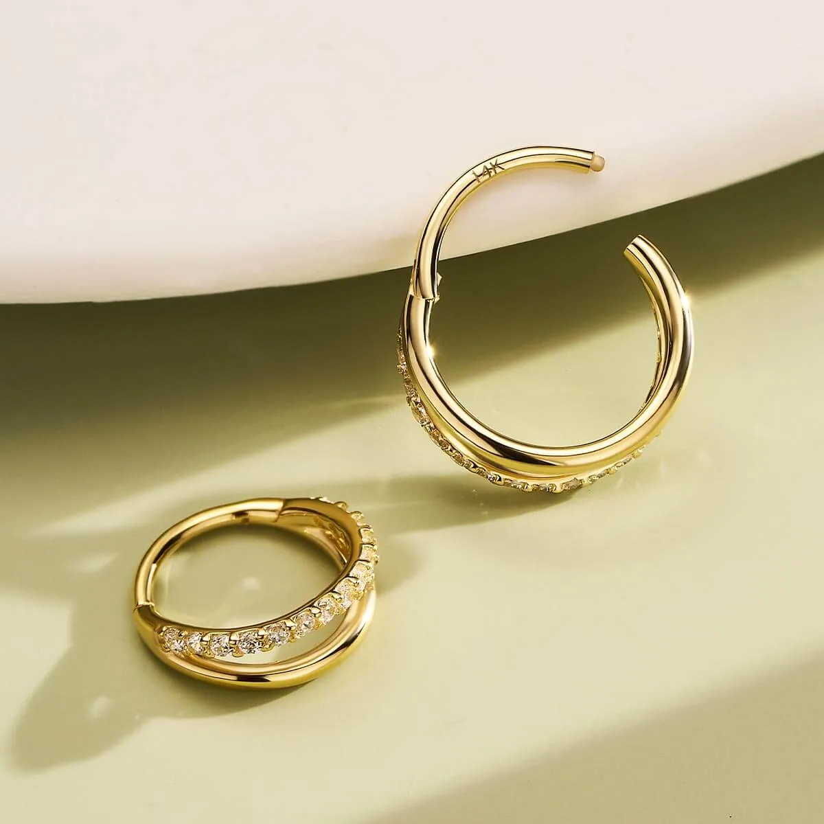 14K Solid Gold 18G Semi Gem Double Hoop Hinged Segment Ring
