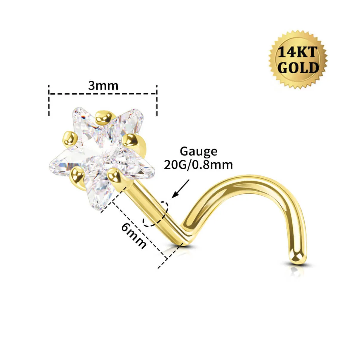 14K Solid Gold 20G Star Top S-Shape Nose Screw