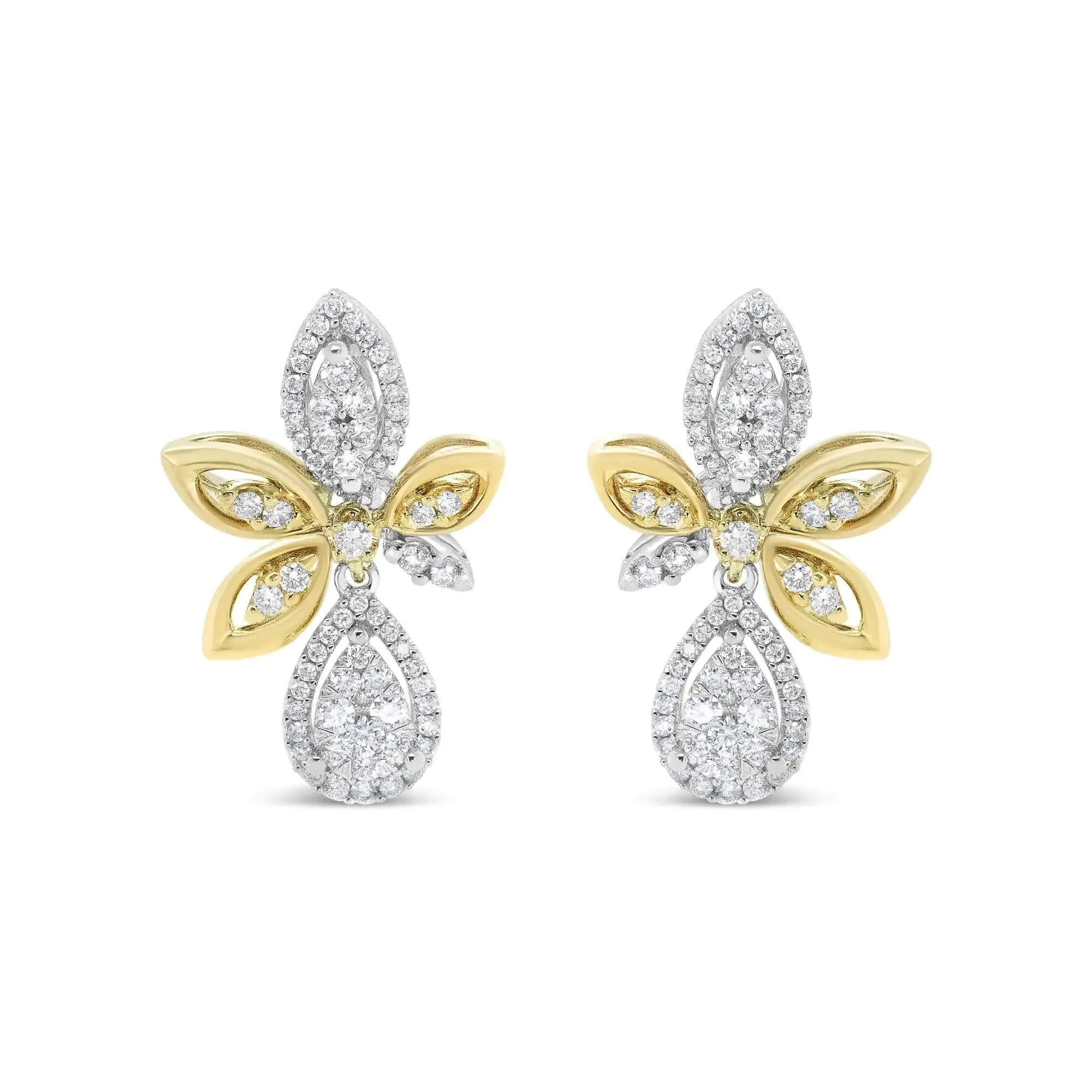 14K White and Yellow Gold 1.00 Cttw Round Pave-Set Diamond Teardrop and Marquise Shape Drop Dangle Earrings (H-I Color, SI1-SI2 Clarity)