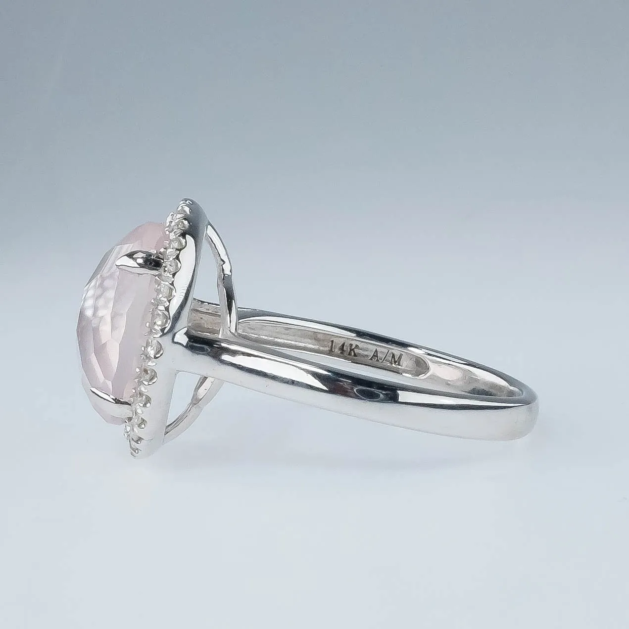 14K White Gold 4.45ct Round Checkerboard Rose Quartz & Diamond Accents Halo Ring