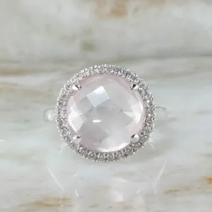 14K White Gold 4.45ct Round Checkerboard Rose Quartz & Diamond Accents Halo Ring