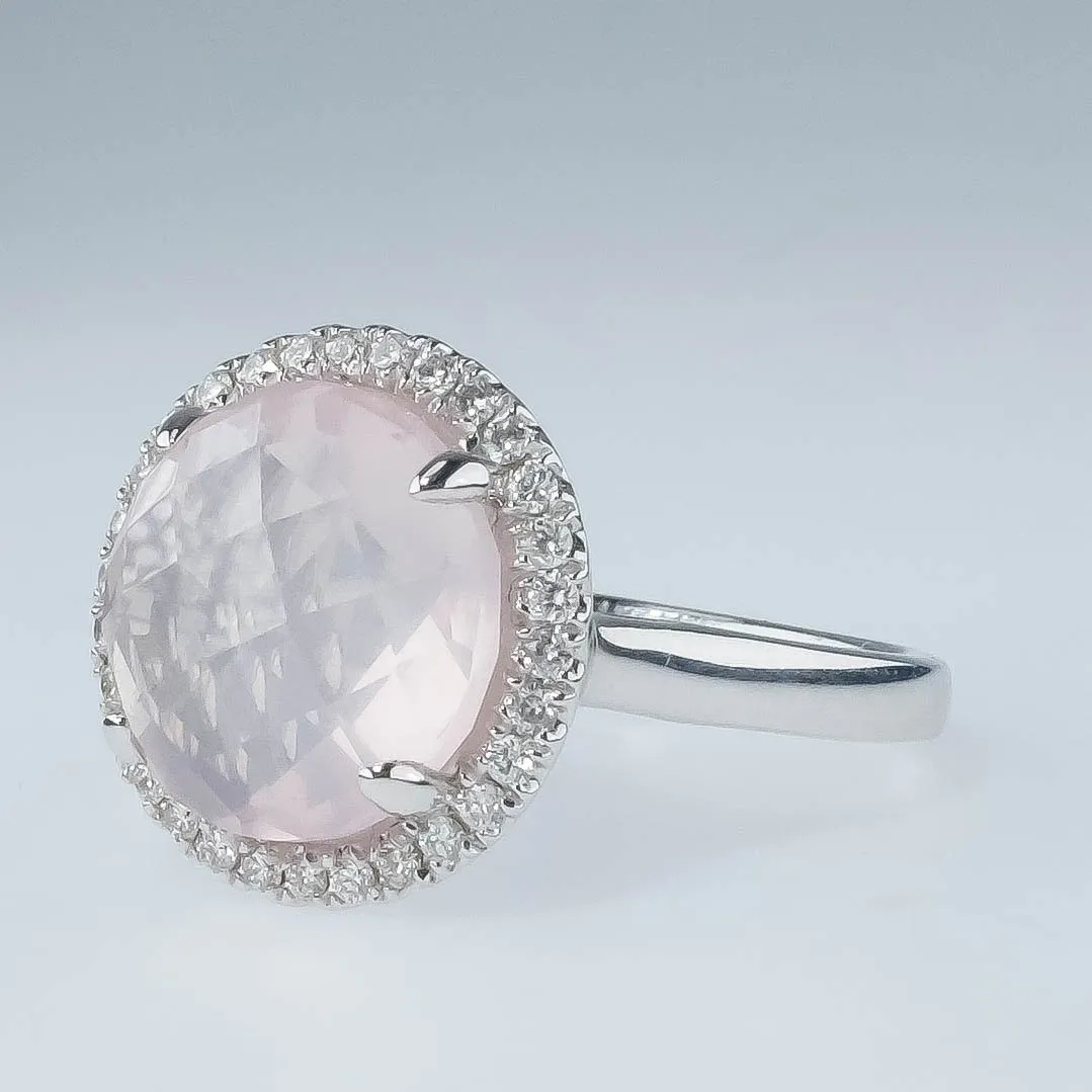 14K White Gold 4.45ct Round Checkerboard Rose Quartz & Diamond Accents Halo Ring