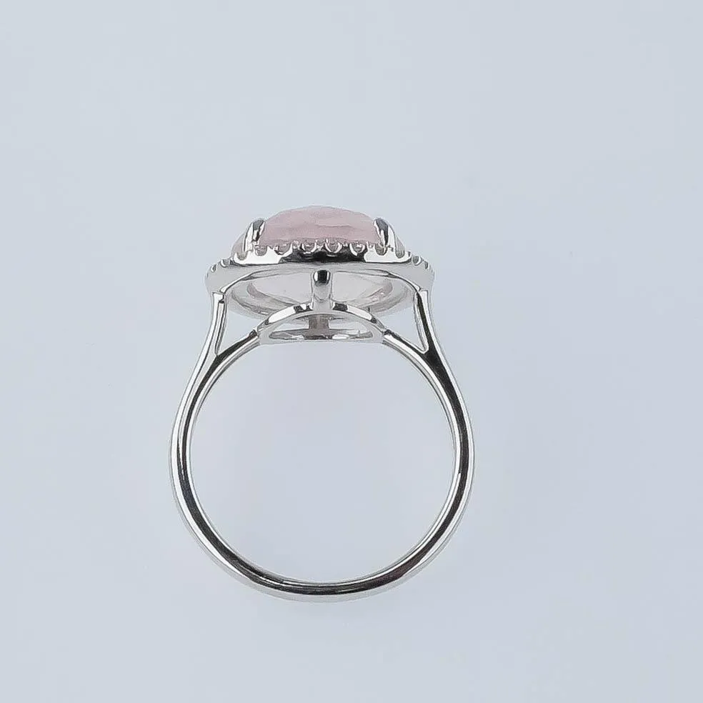 14K White Gold 4.45ct Round Checkerboard Rose Quartz & Diamond Accents Halo Ring