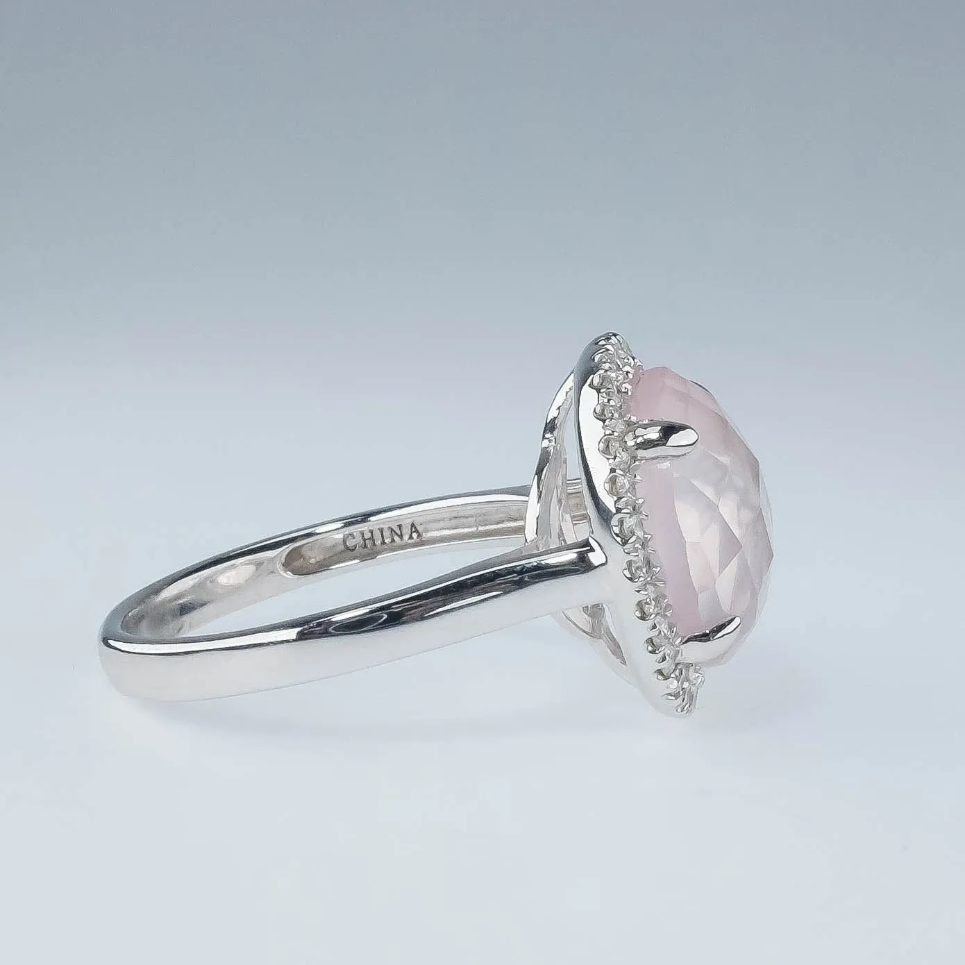 14K White Gold 4.45ct Round Checkerboard Rose Quartz & Diamond Accents Halo Ring
