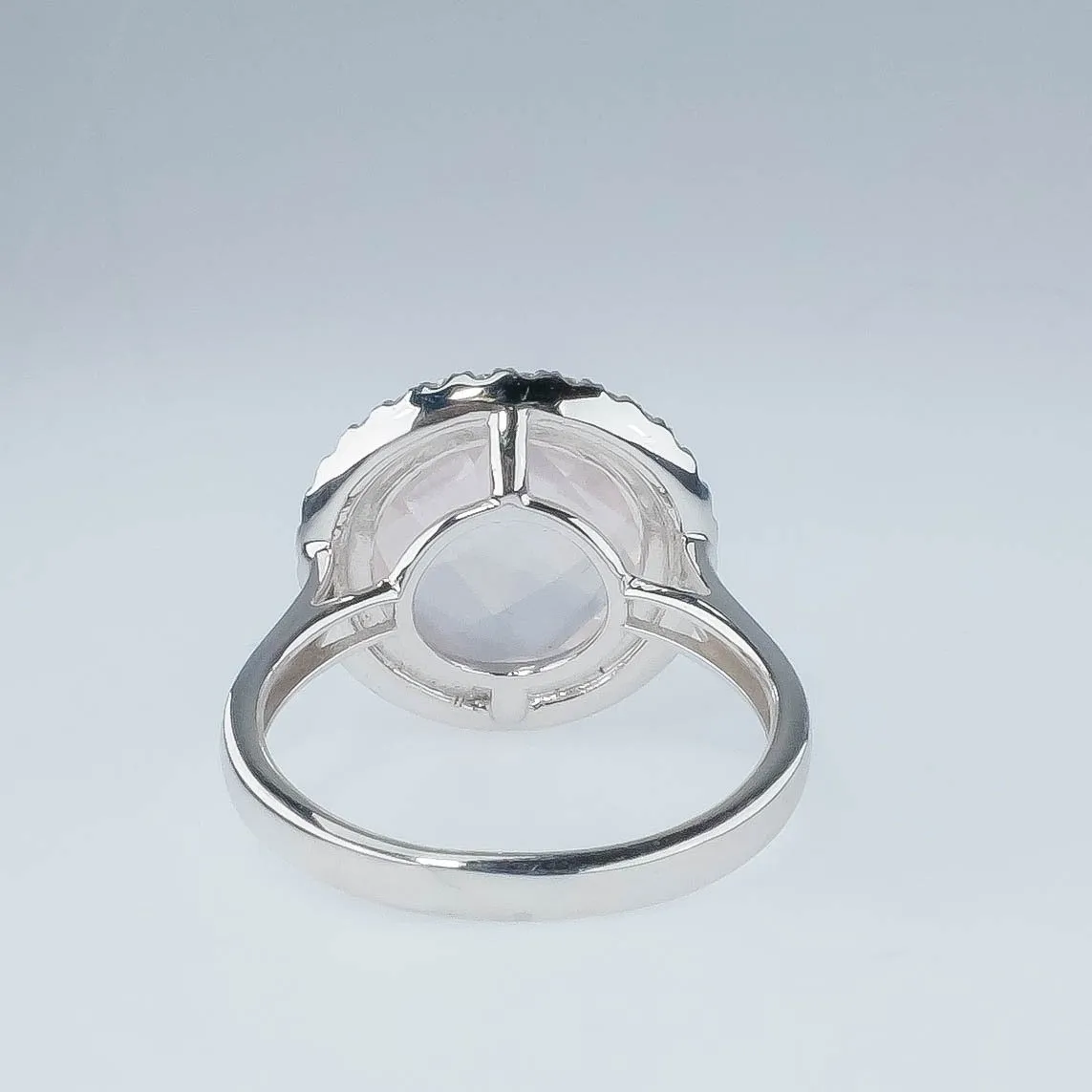 14K White Gold 4.45ct Round Checkerboard Rose Quartz & Diamond Accents Halo Ring