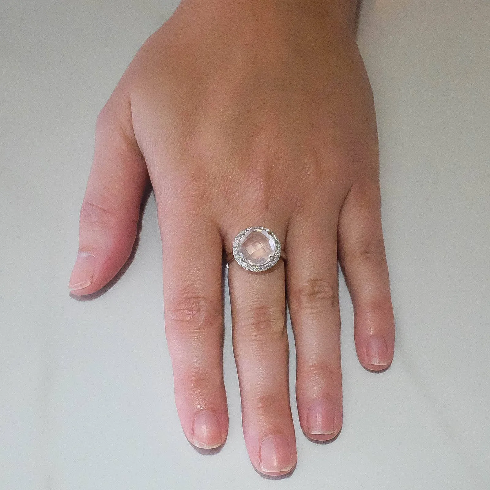 14K White Gold 4.45ct Round Checkerboard Rose Quartz & Diamond Accents Halo Ring