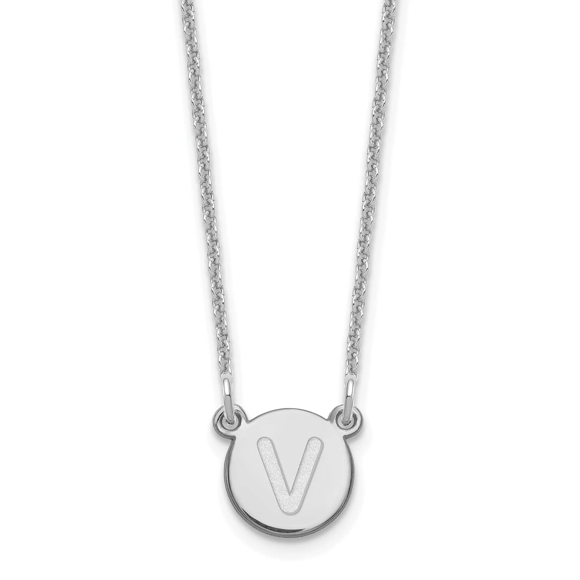14k White Gold Tiny Circle Block Letter V Initial Pendant and Necklace