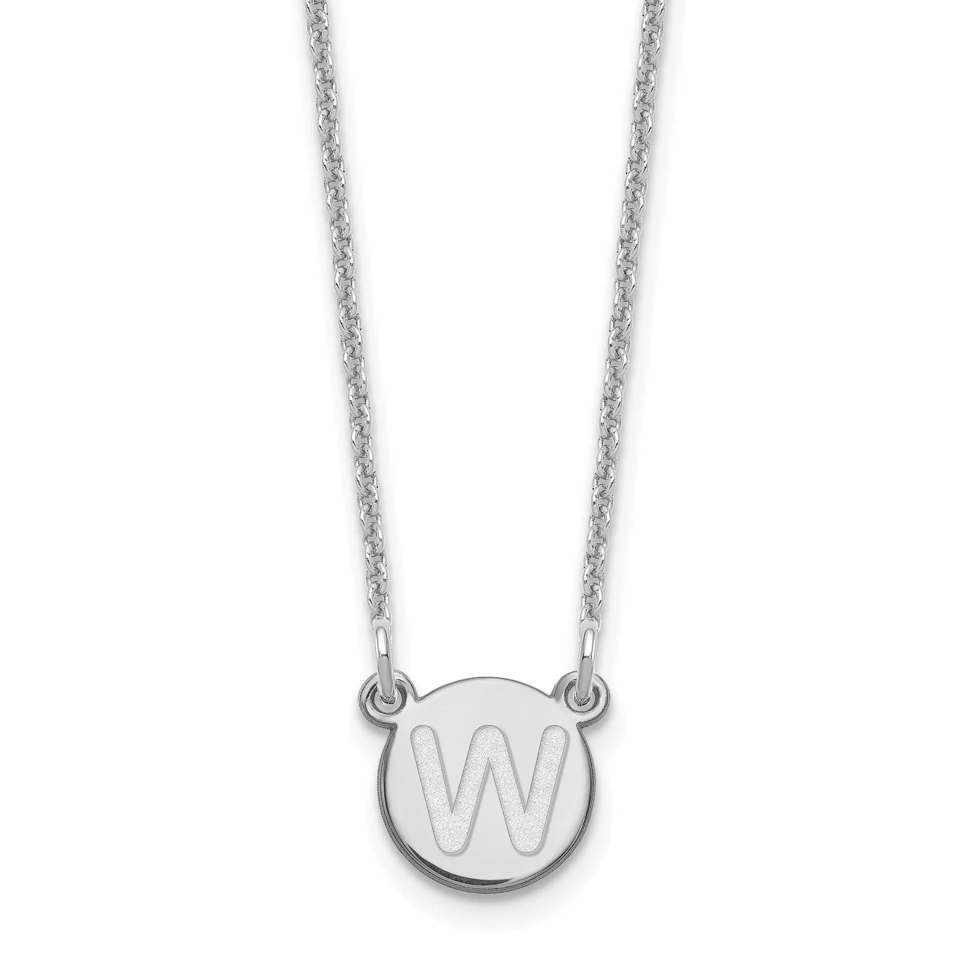14k White Gold Tiny Circle Block Letter W Initial Pendant and Necklace