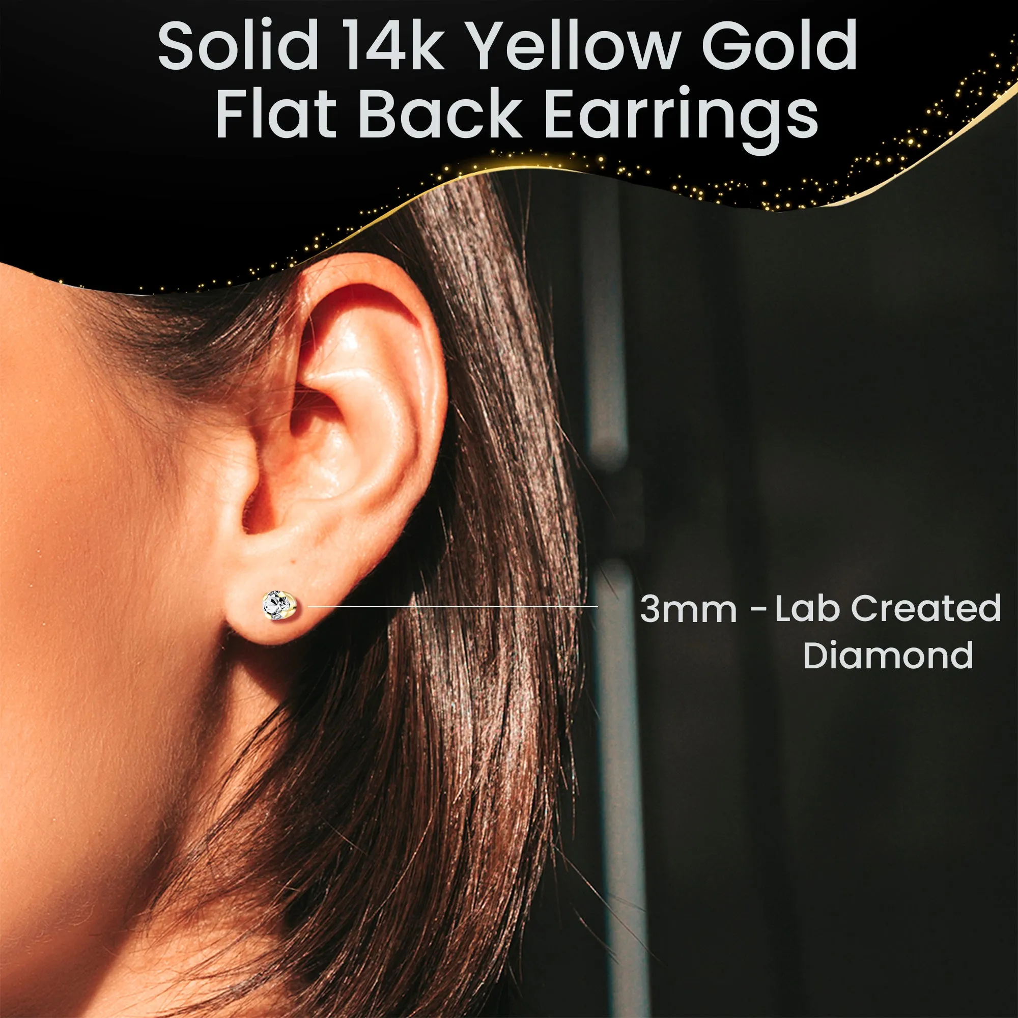 14k Yellow Gold Flat Back Earring with 3mm Lab Crearted Diamond Handmade