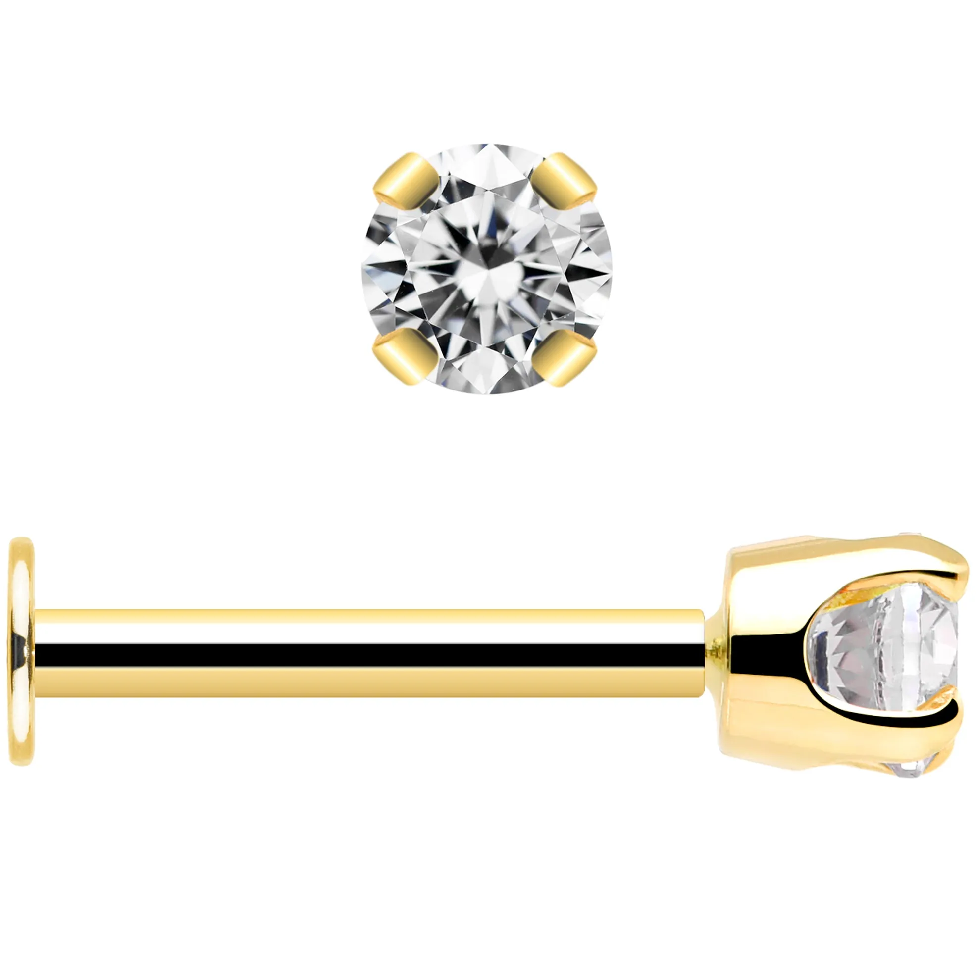 14k Yellow Gold Flat Back Earring with 3mm Lab Crearted Diamond Handmade