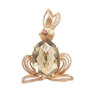 14K Yellow Gold Rabbit Brooch/Pin with Smoky Quartz Body and Ruby Eye