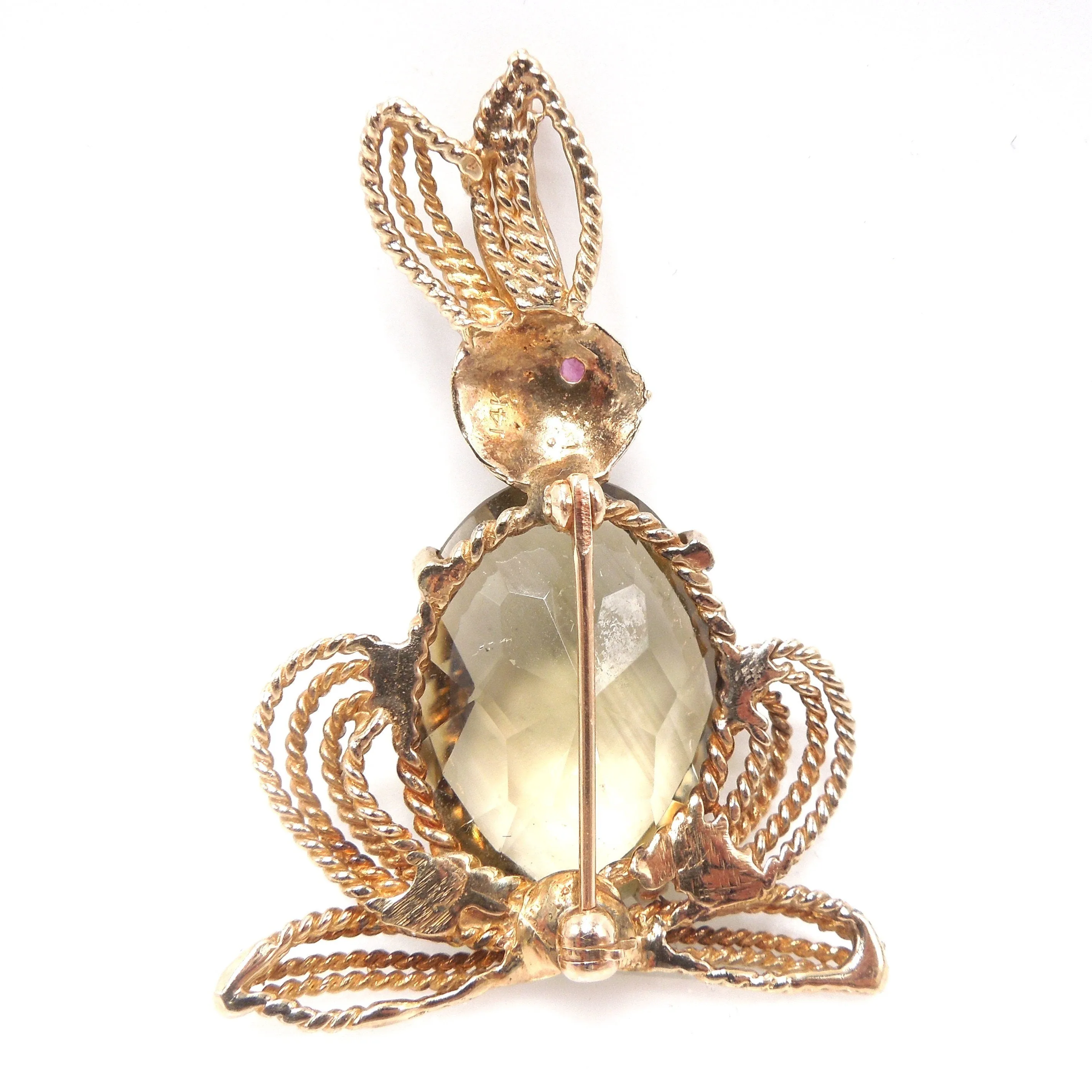 14K Yellow Gold Rabbit Brooch/Pin with Smoky Quartz Body and Ruby Eye