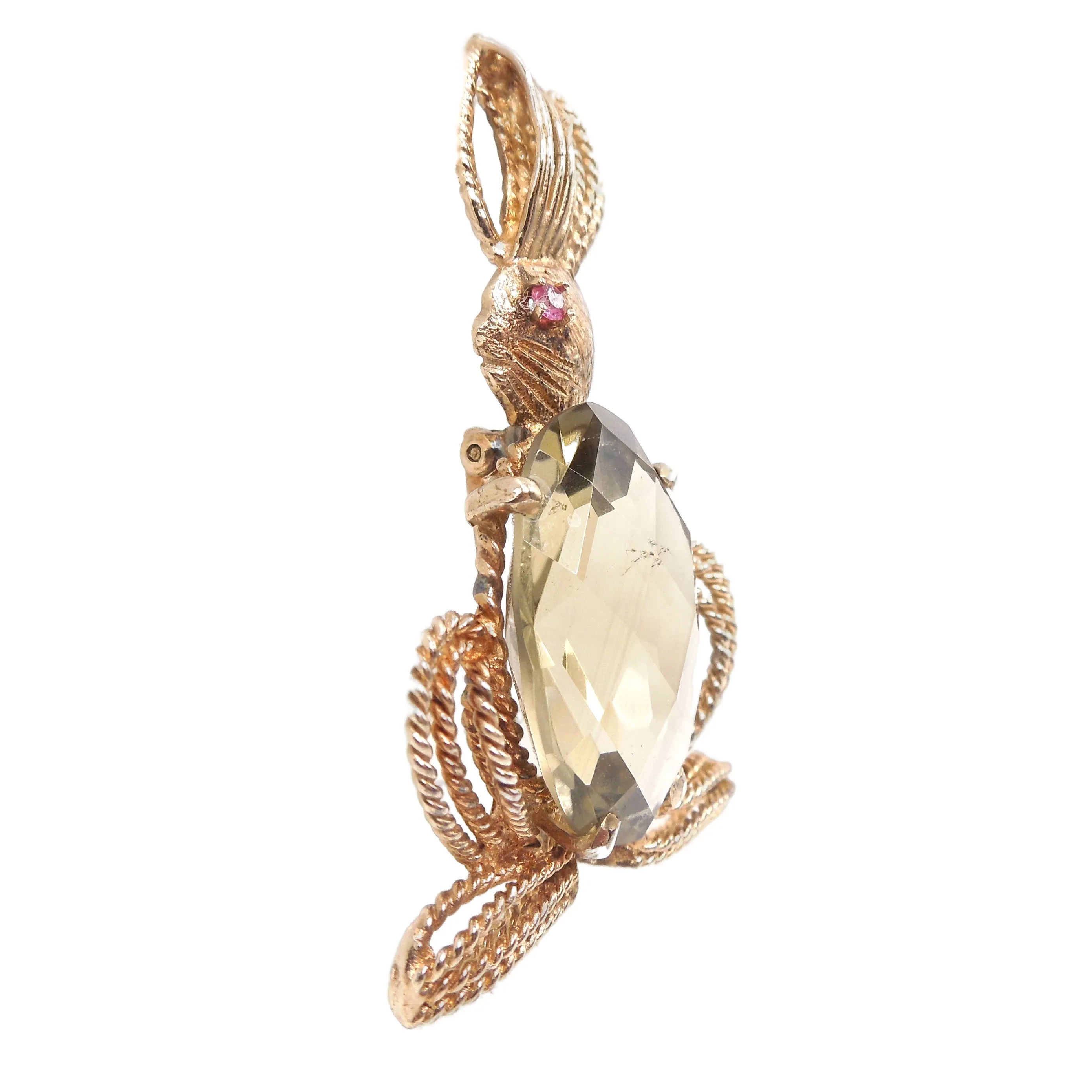 14K Yellow Gold Rabbit Brooch/Pin with Smoky Quartz Body and Ruby Eye