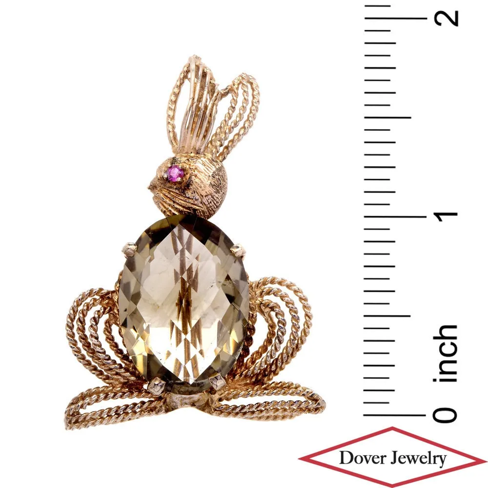 14K Yellow Gold Rabbit Brooch/Pin with Smoky Quartz Body and Ruby Eye