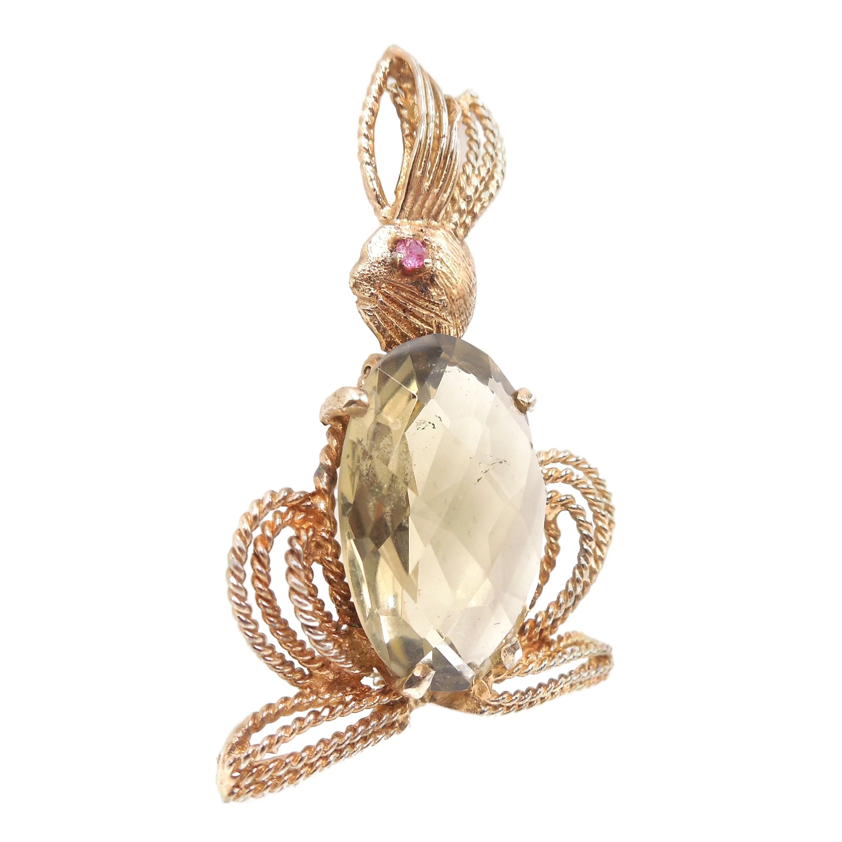 14K Yellow Gold Rabbit Brooch/Pin with Smoky Quartz Body and Ruby Eye
