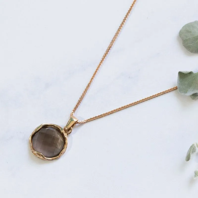 14K Yellow Gold Round Brown Smoky Quartz 12mm Pendant