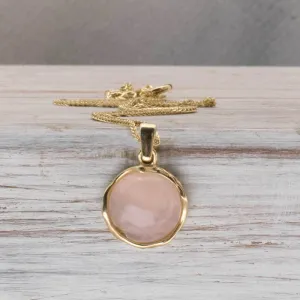 14K Yellow Gold Round Pink Rose Quartz 12mm Pendant