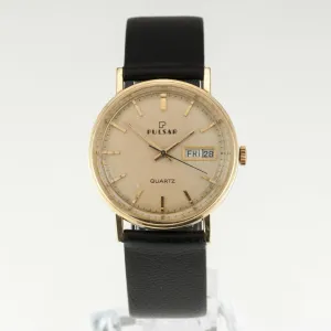 14k Yellow Gold Vintage Pulsar Quartz Watch w/ Day and Date Rare!
