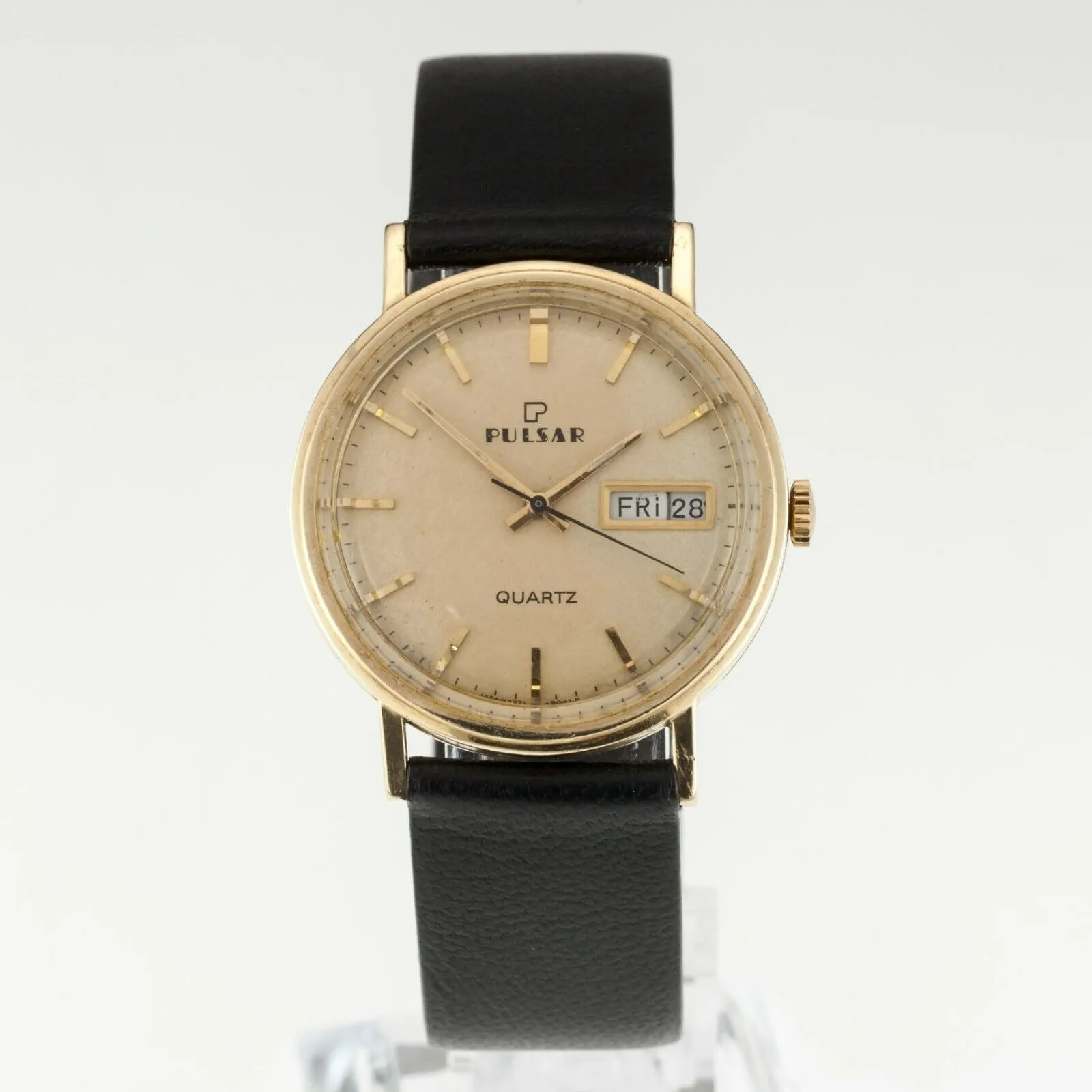 14k Yellow Gold Vintage Pulsar Quartz Watch w/ Day and Date Rare!