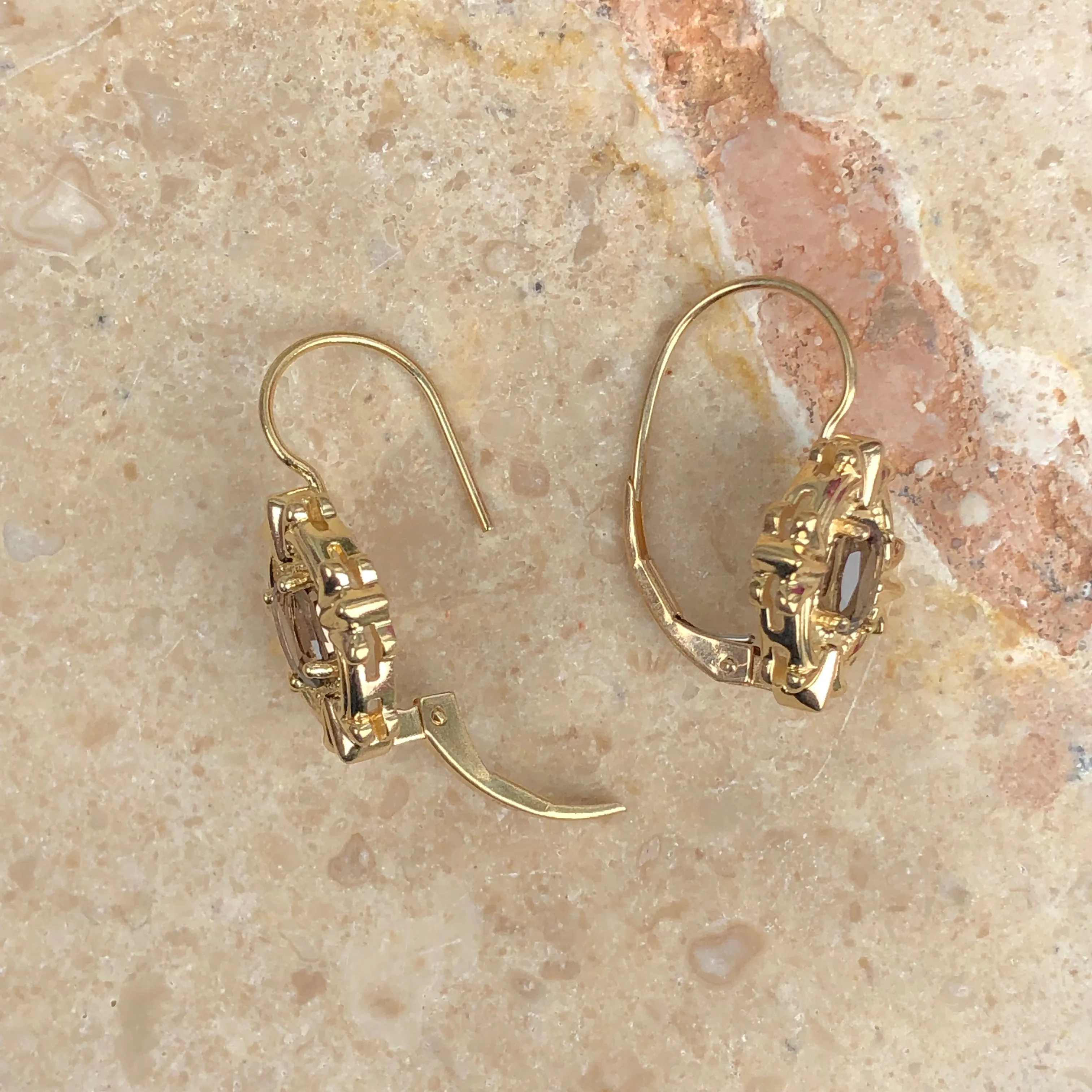 14KT Yellow Gold European Smokey Quartz Lever Back Earrings