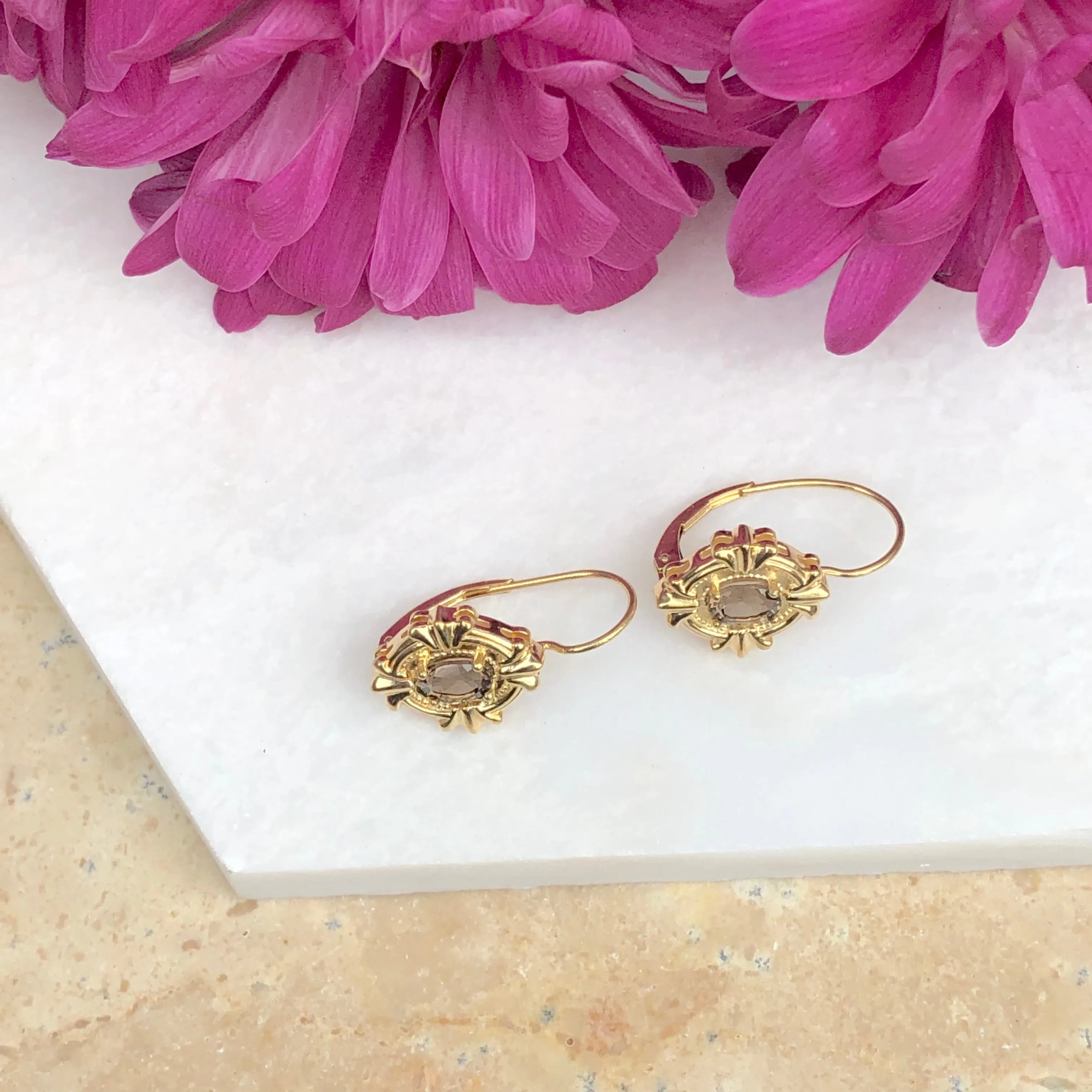 14KT Yellow Gold European Smokey Quartz Lever Back Earrings
