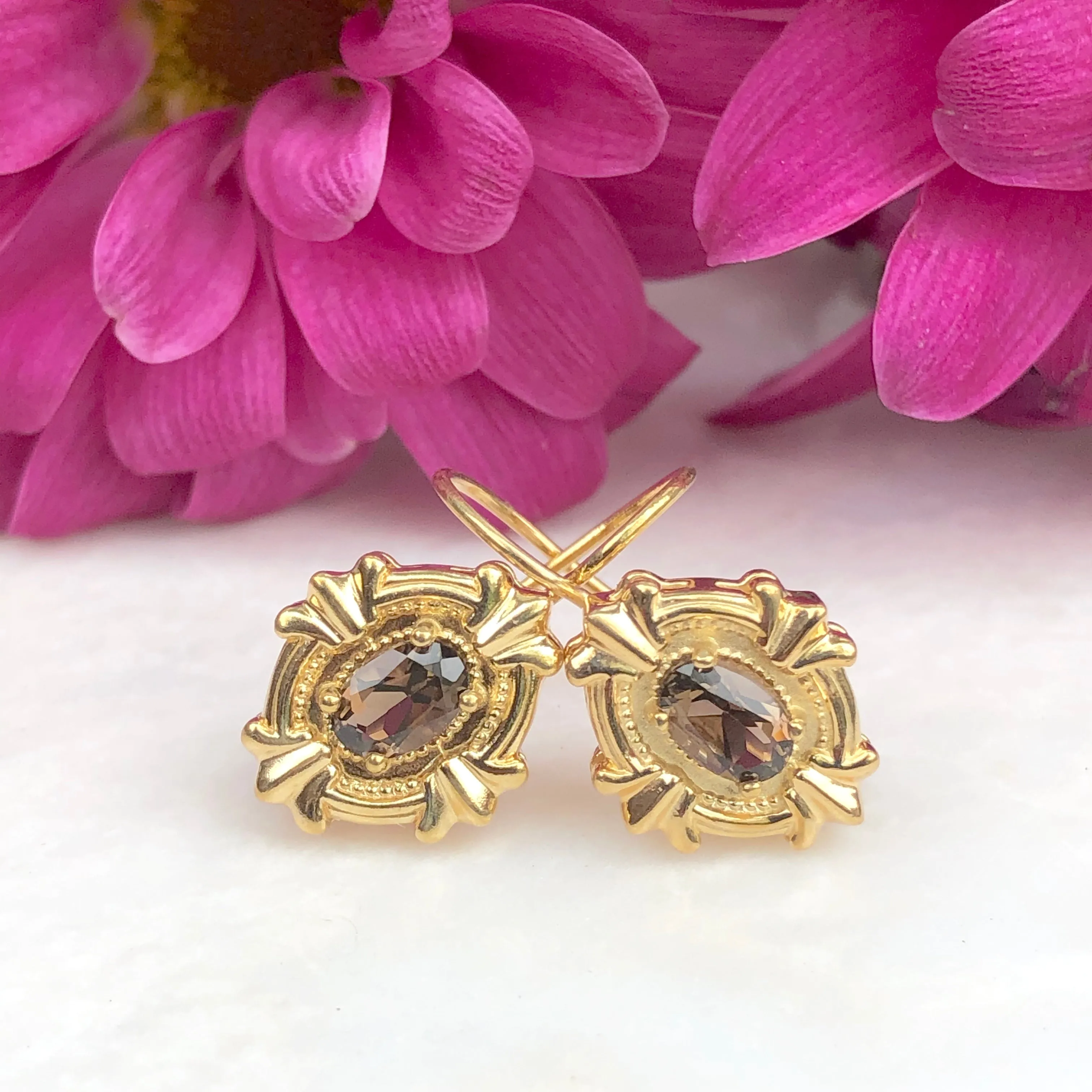 14KT Yellow Gold European Smokey Quartz Lever Back Earrings