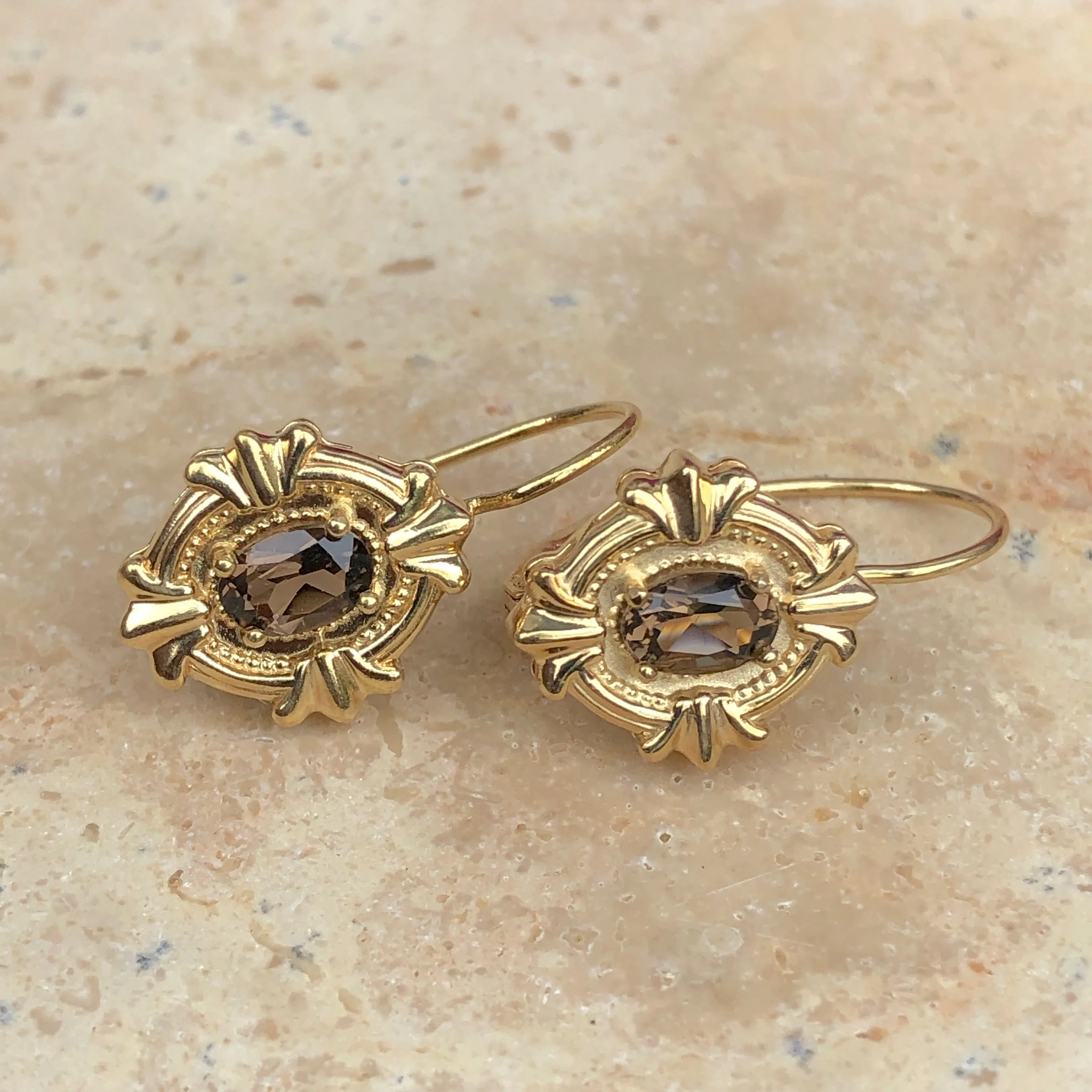 14KT Yellow Gold European Smokey Quartz Lever Back Earrings