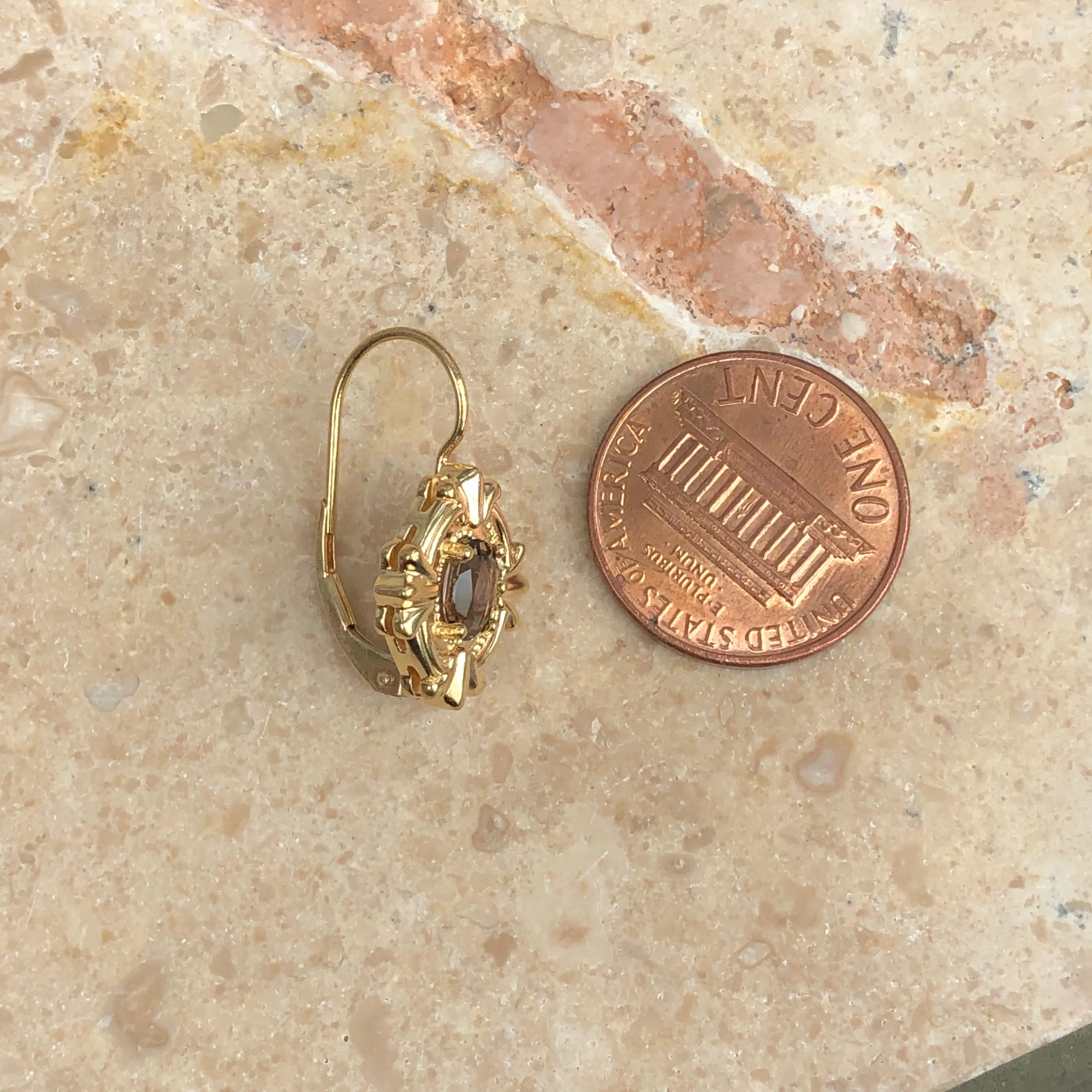 14KT Yellow Gold European Smokey Quartz Lever Back Earrings
