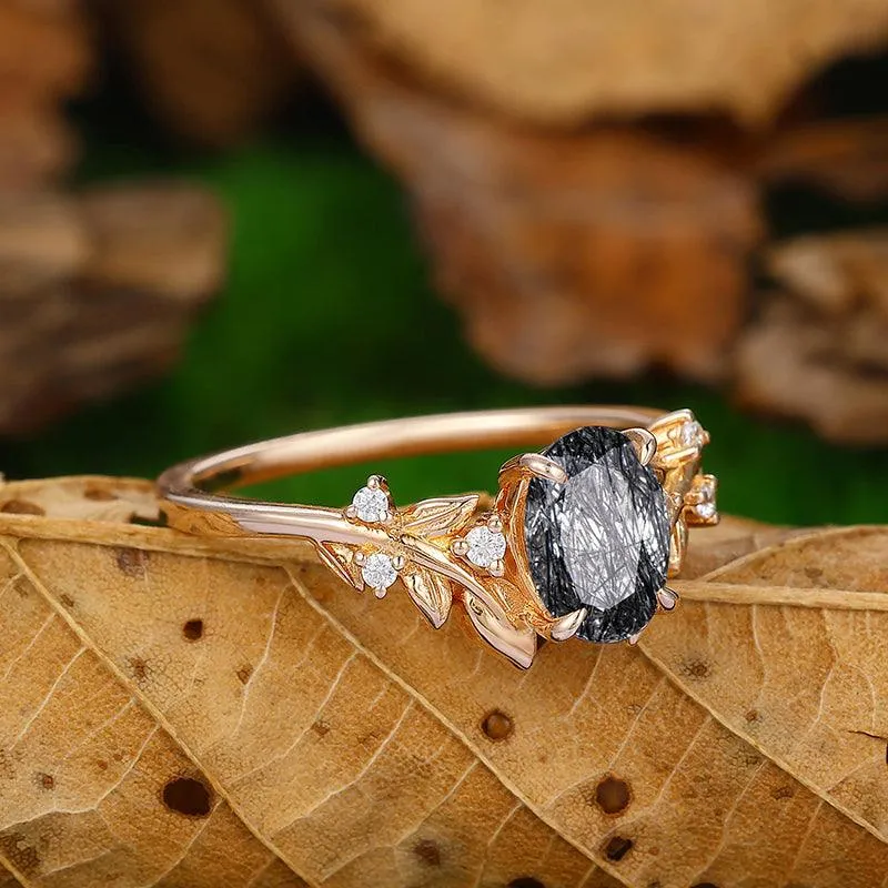 1.5 Carat Oval Shaped Natural Black Rutilated Quartz Diamond Art Deco Leaf Vine Ring