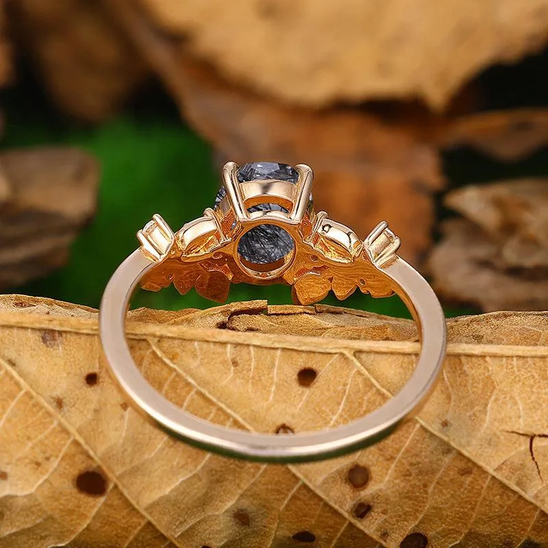1.5 Carat Oval Shaped Natural Black Rutilated Quartz Diamond Art Deco Leaf Vine Ring