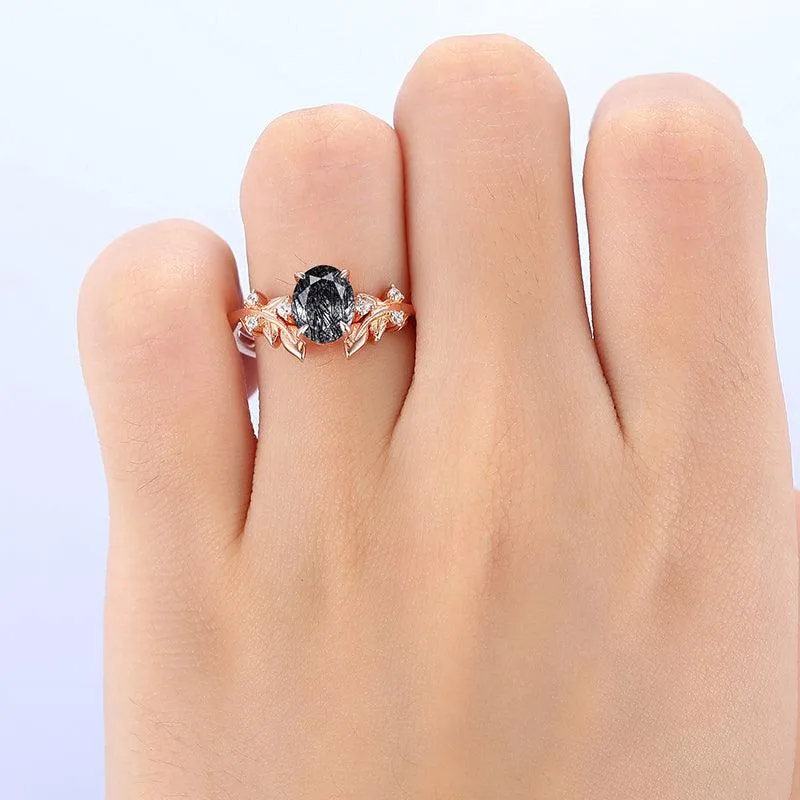 1.5 Carat Oval Shaped Natural Black Rutilated Quartz Diamond Art Deco Leaf Vine Ring
