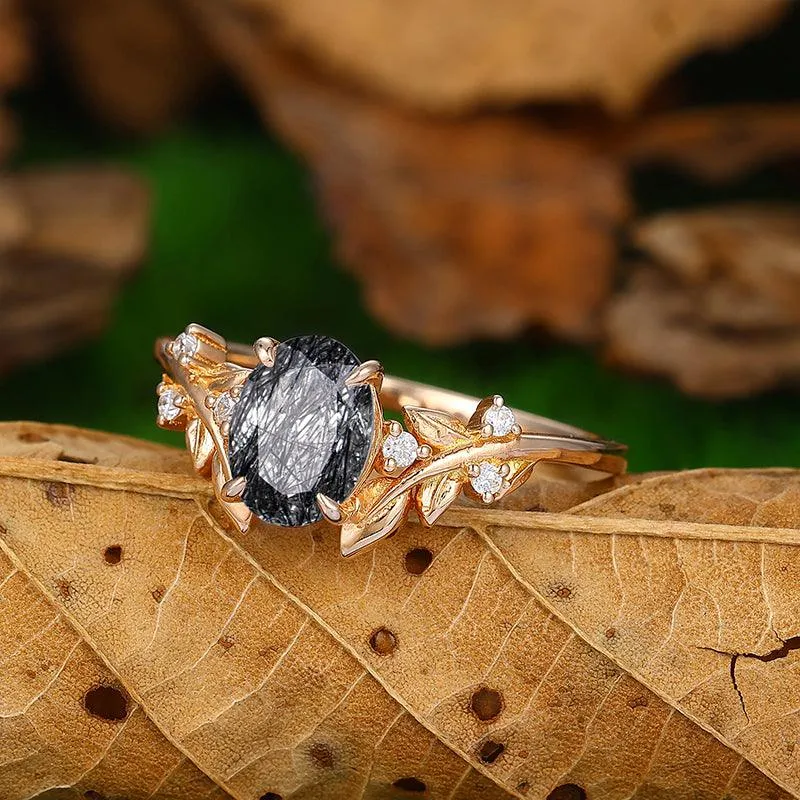 1.5 Carat Oval Shaped Natural Black Rutilated Quartz Diamond Art Deco Leaf Vine Ring