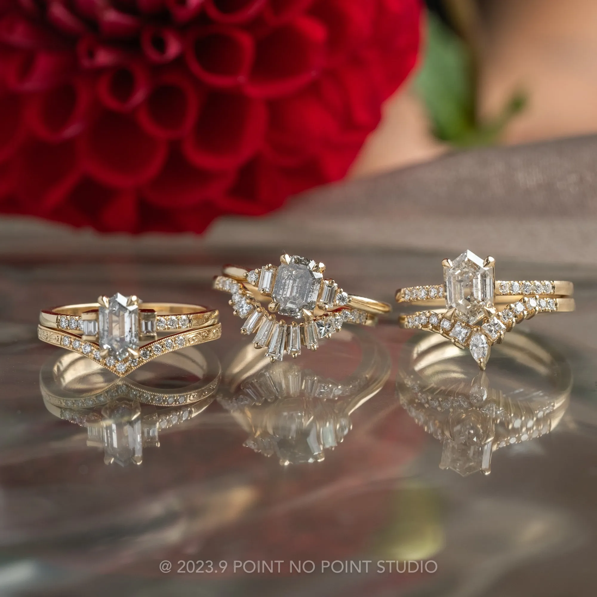 1.52 Carat Canadian Salt and Pepper Hexagon Diamond Engagement Ring, Lulu Setting, 14K Yellow Gold