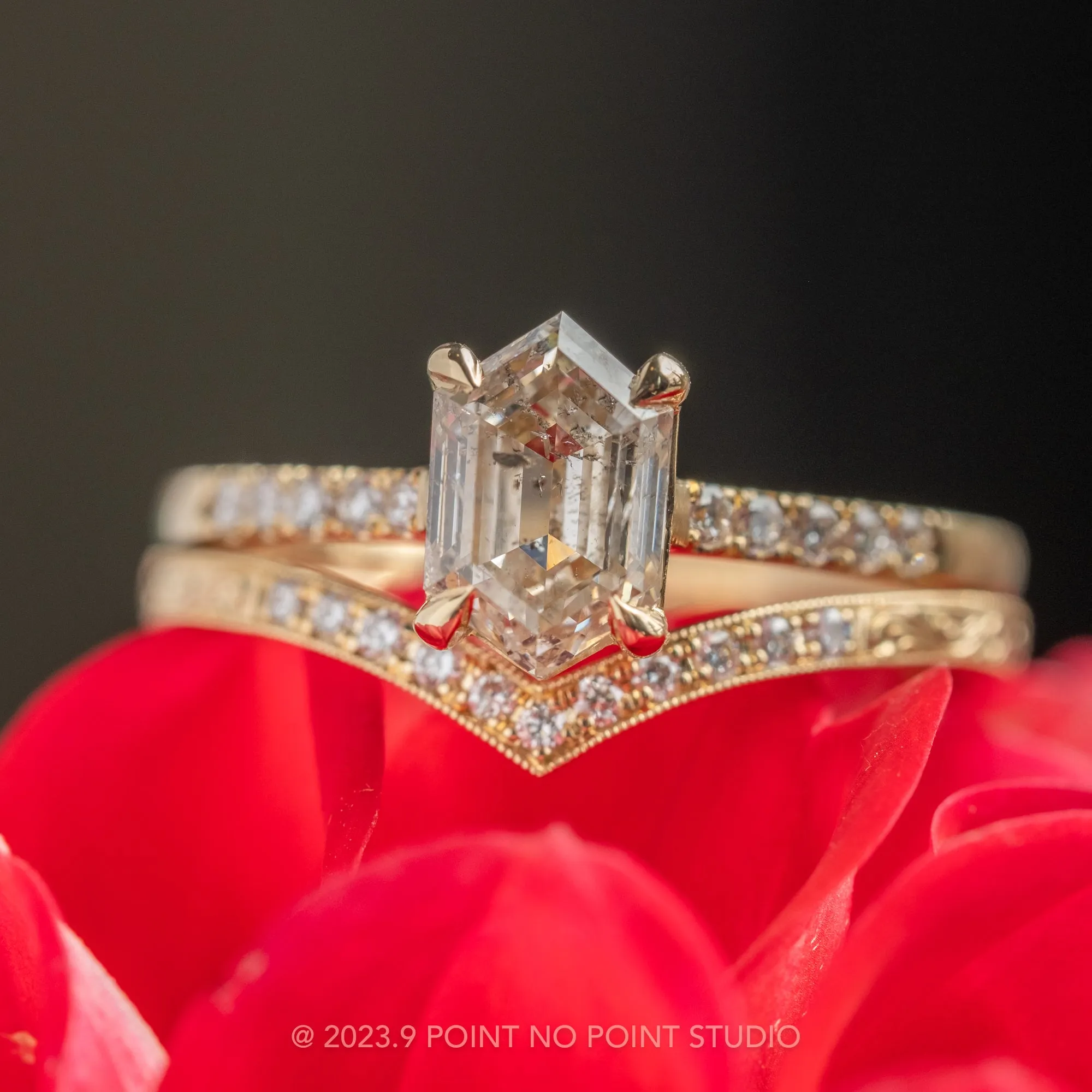1.52 Carat Canadian Salt and Pepper Hexagon Diamond Engagement Ring, Lulu Setting, 14K Yellow Gold