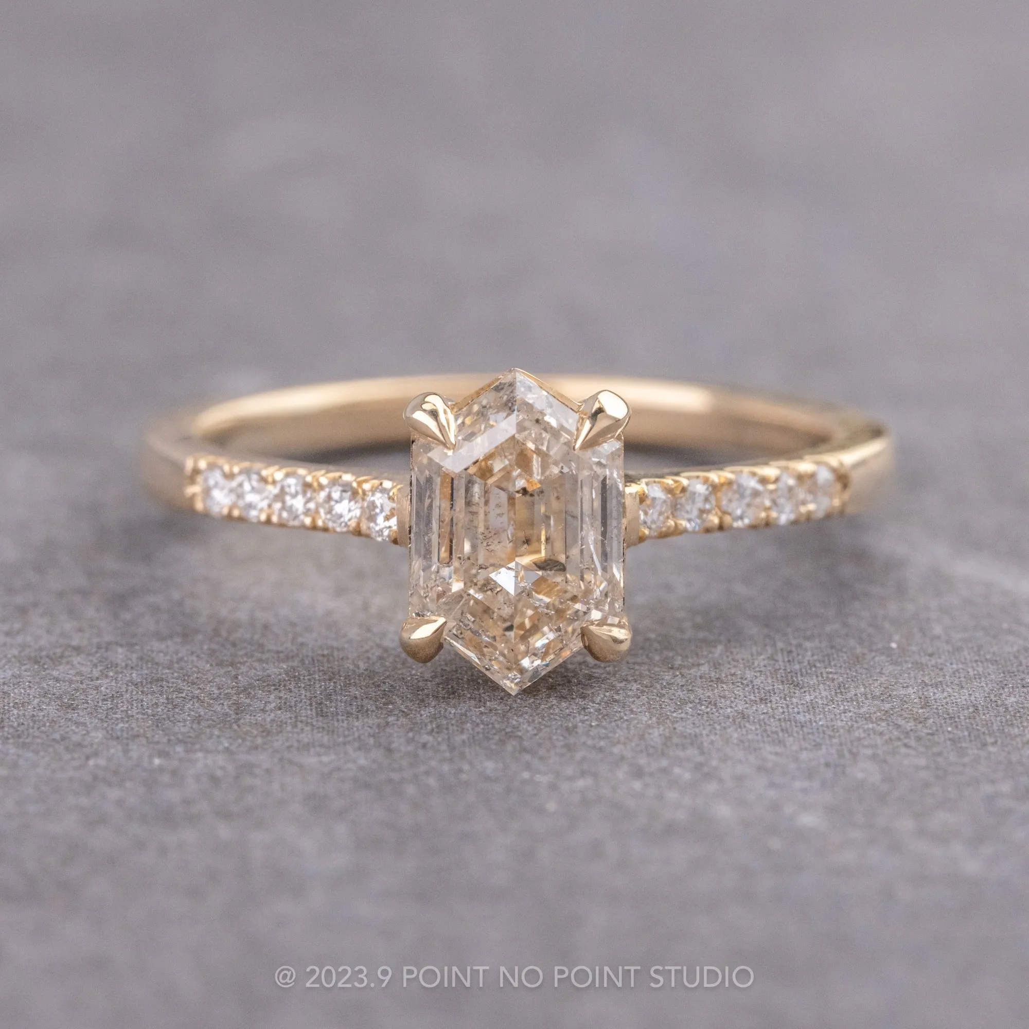 1.52 Carat Canadian Salt and Pepper Hexagon Diamond Engagement Ring, Lulu Setting, 14K Yellow Gold