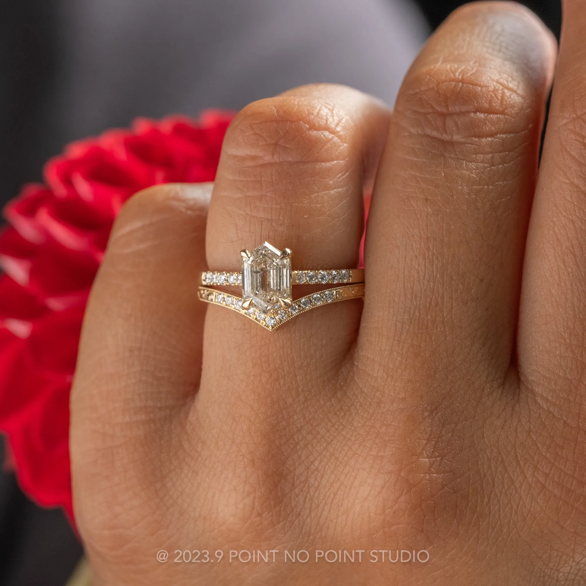 1.52 Carat Canadian Salt and Pepper Hexagon Diamond Engagement Ring, Lulu Setting, 14K Yellow Gold