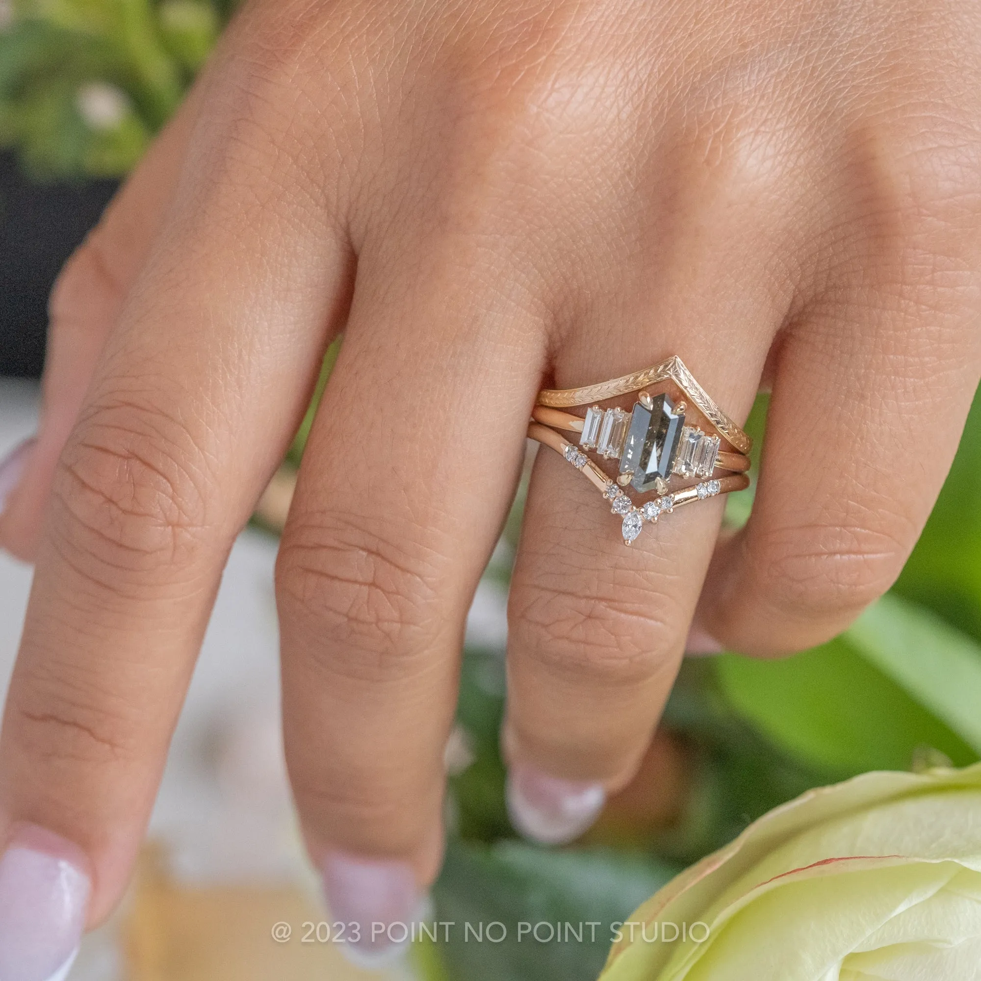 1.54 Carat Black Speckled Hexagon Diamond Engagement Ring, Betty Setting, 14k Yellow Gold