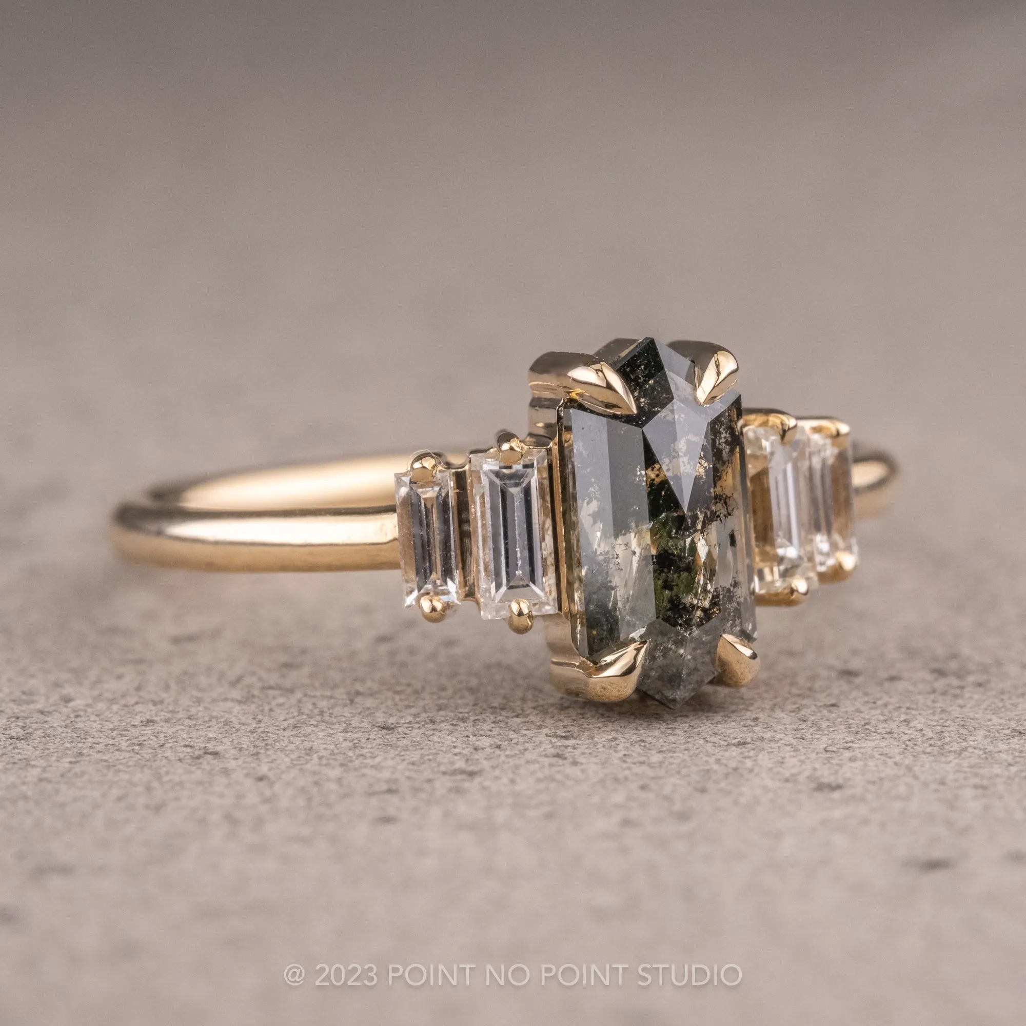 1.54 Carat Black Speckled Hexagon Diamond Engagement Ring, Betty Setting, 14k Yellow Gold