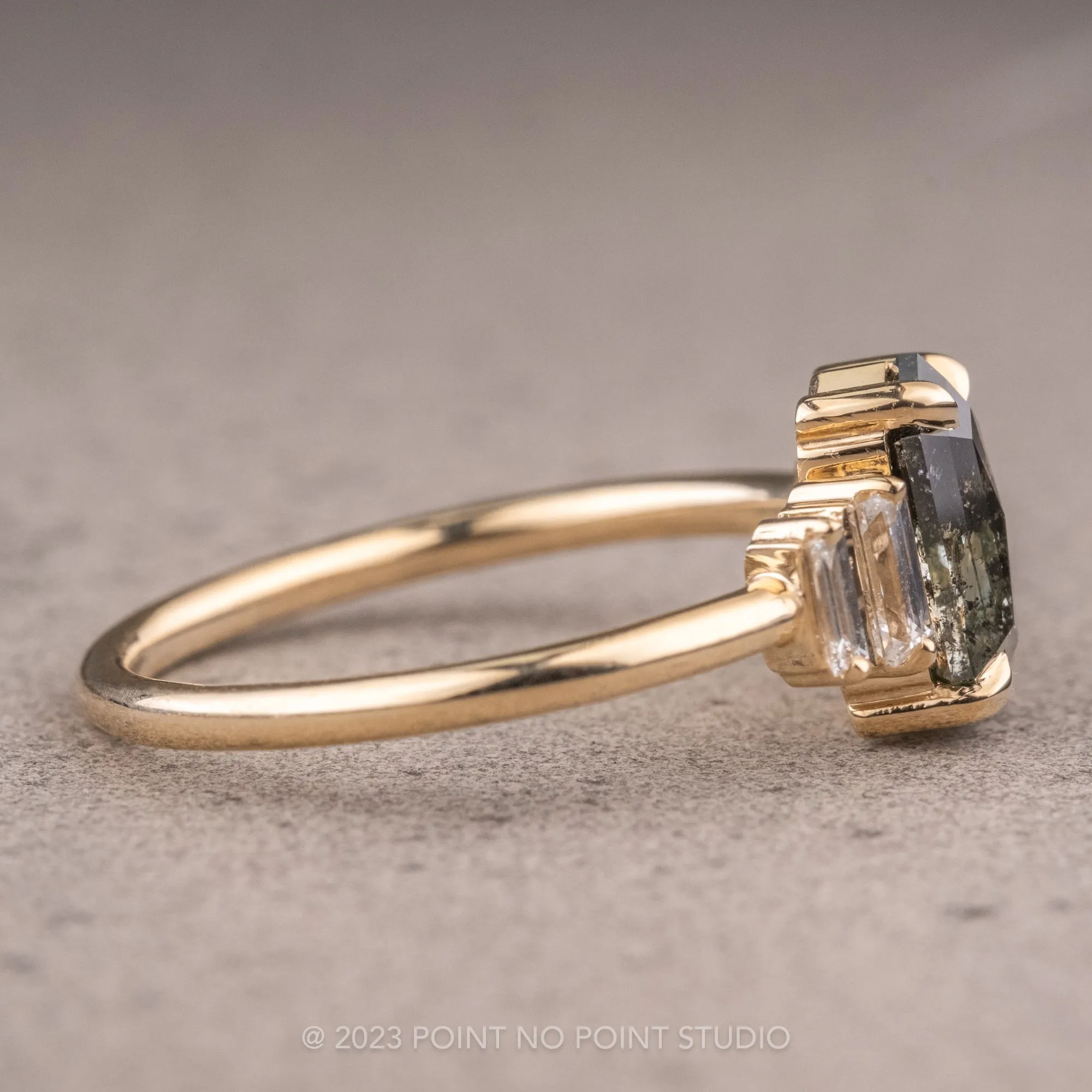 1.54 Carat Black Speckled Hexagon Diamond Engagement Ring, Betty Setting, 14k Yellow Gold