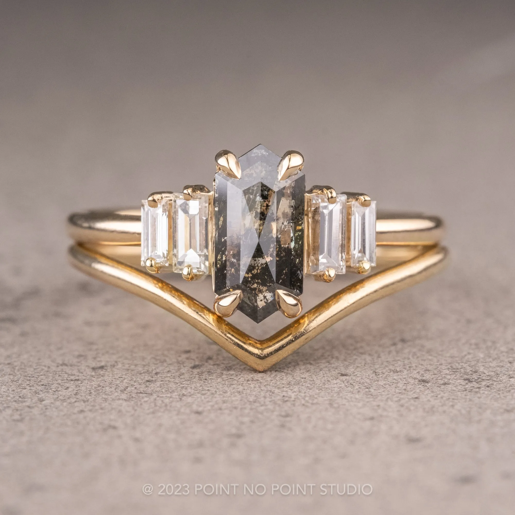 1.54 Carat Black Speckled Hexagon Diamond Engagement Ring, Betty Setting, 14k Yellow Gold