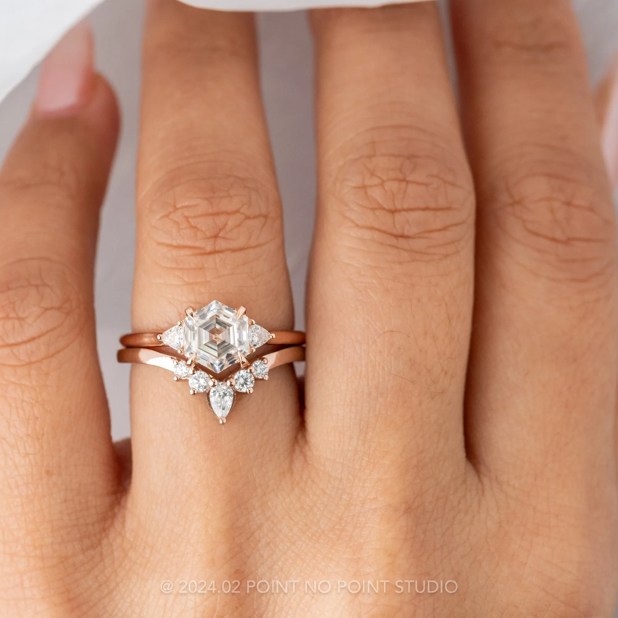 1.54 Carat Hexagon Moissanite Engagement Ring, Lea Setting, 14K Rose Gold